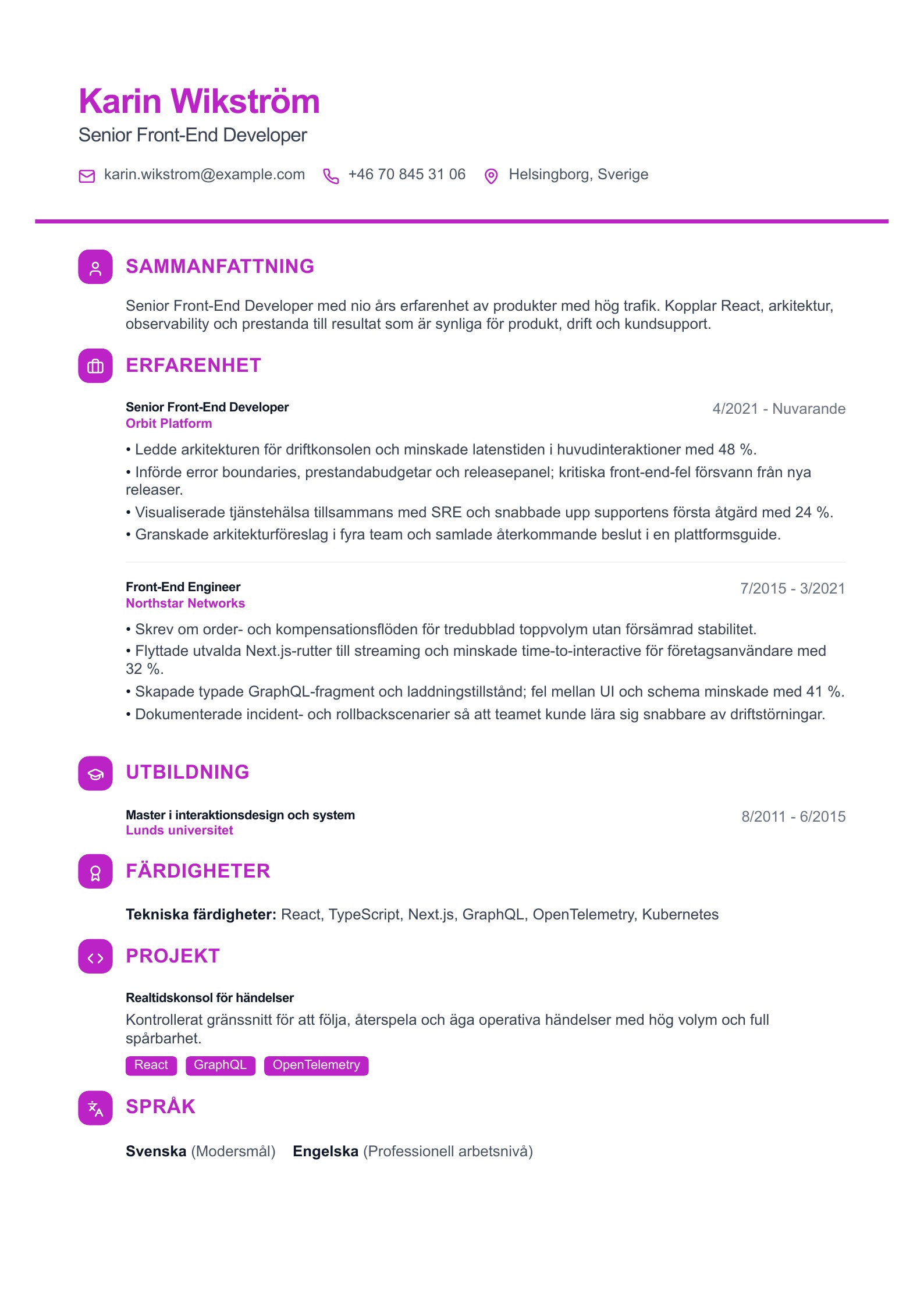 CV för Senior Front-End Developer - svenskt CV-exempel