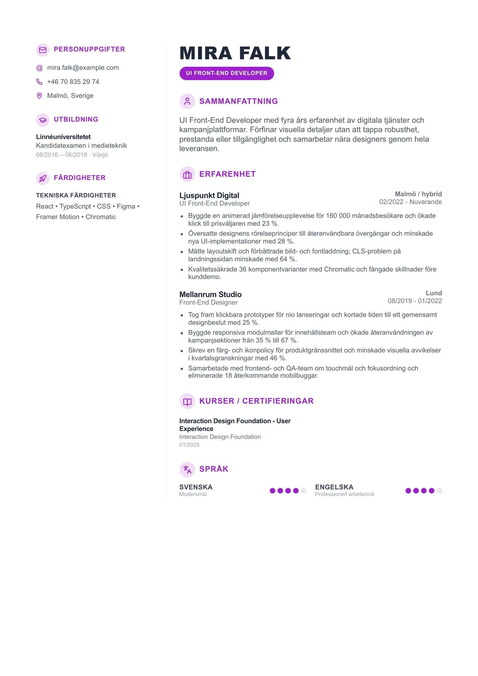 CV för UI Front-End Developer - svenskt CV-exempel