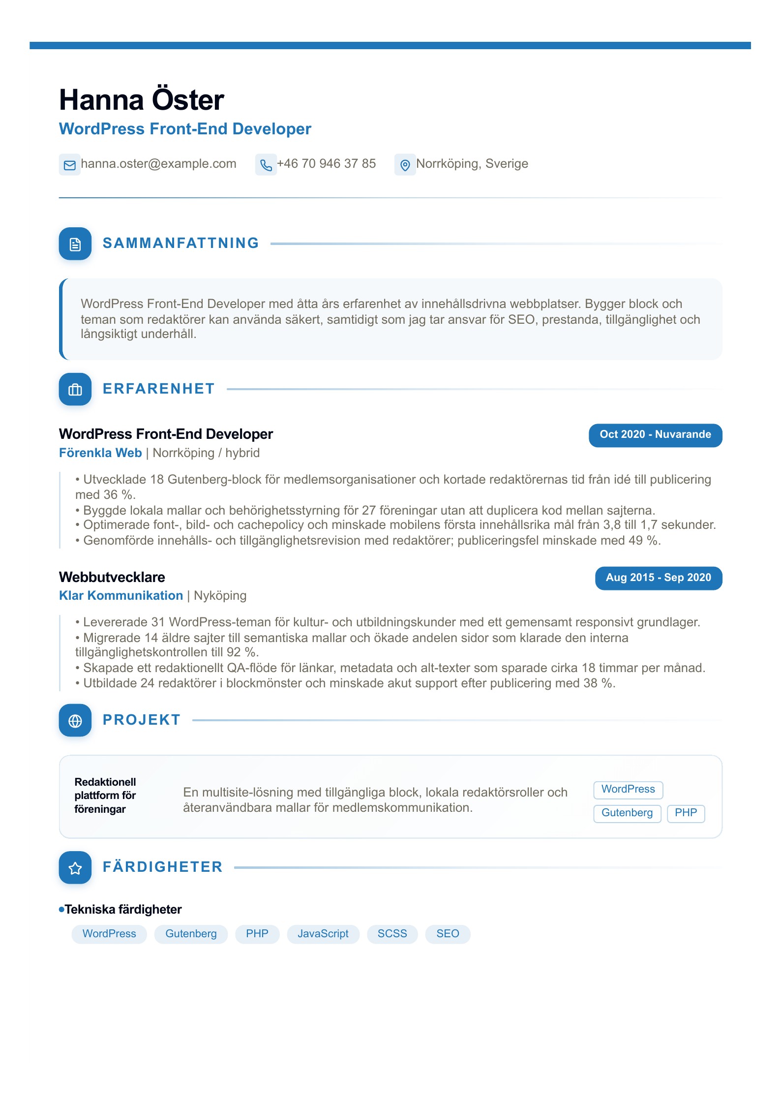 CV för WordPress Front-End Developer - svenskt CV-exempel