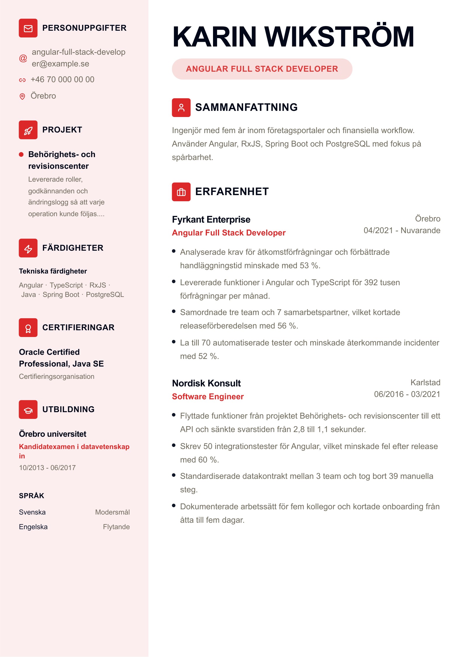 CV för Angular Full Stack Developer – svenskt exempel