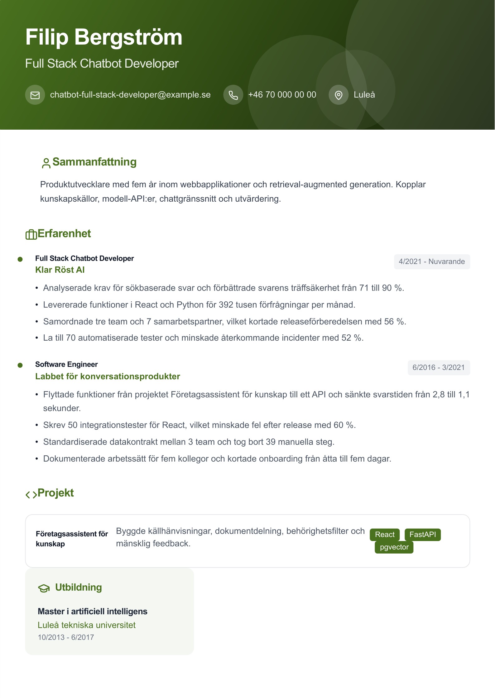 CV för Full Stack Chatbot Developer – svenskt exempel