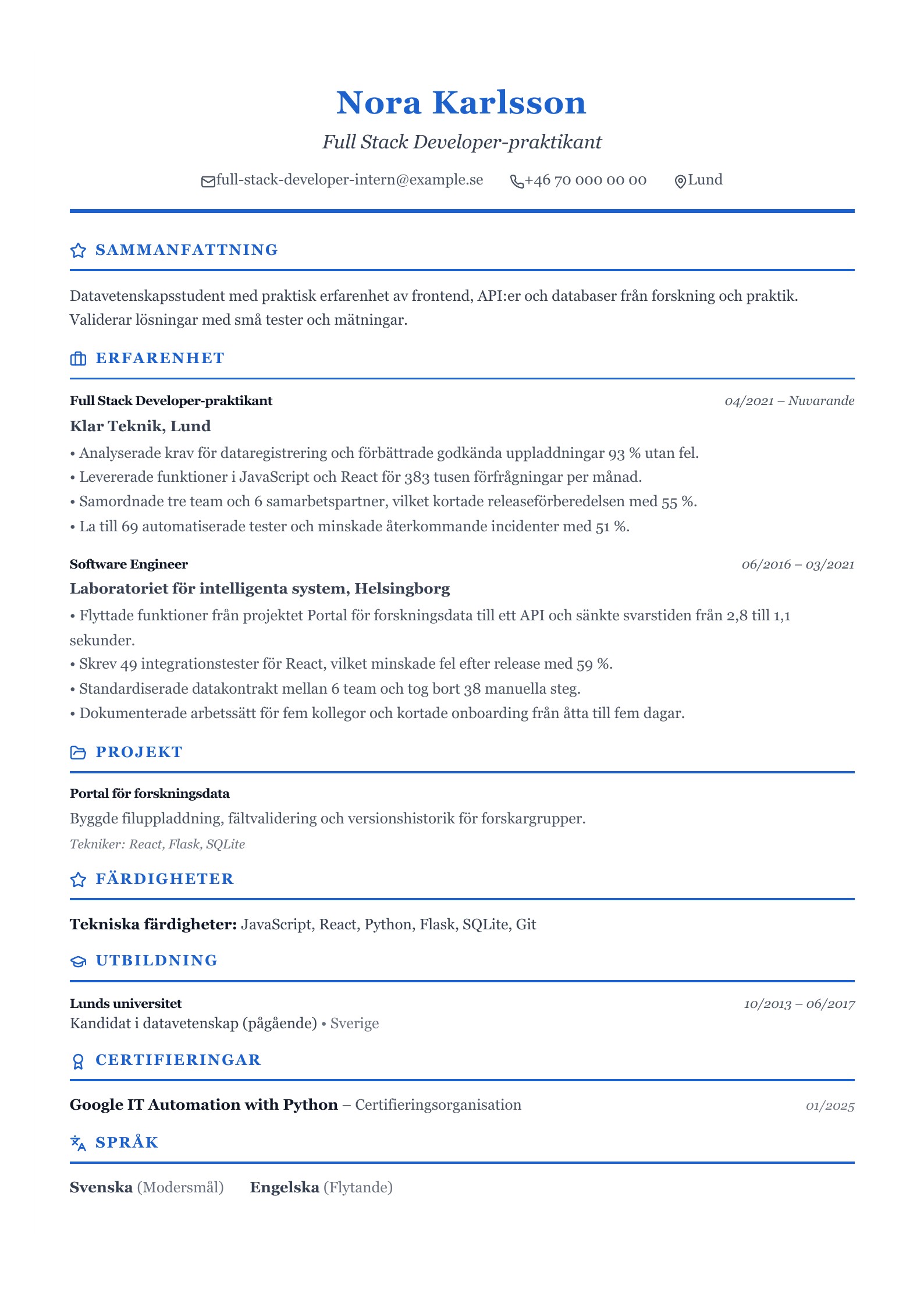 CV för Full Stack Developer-praktikant – svenskt exempel