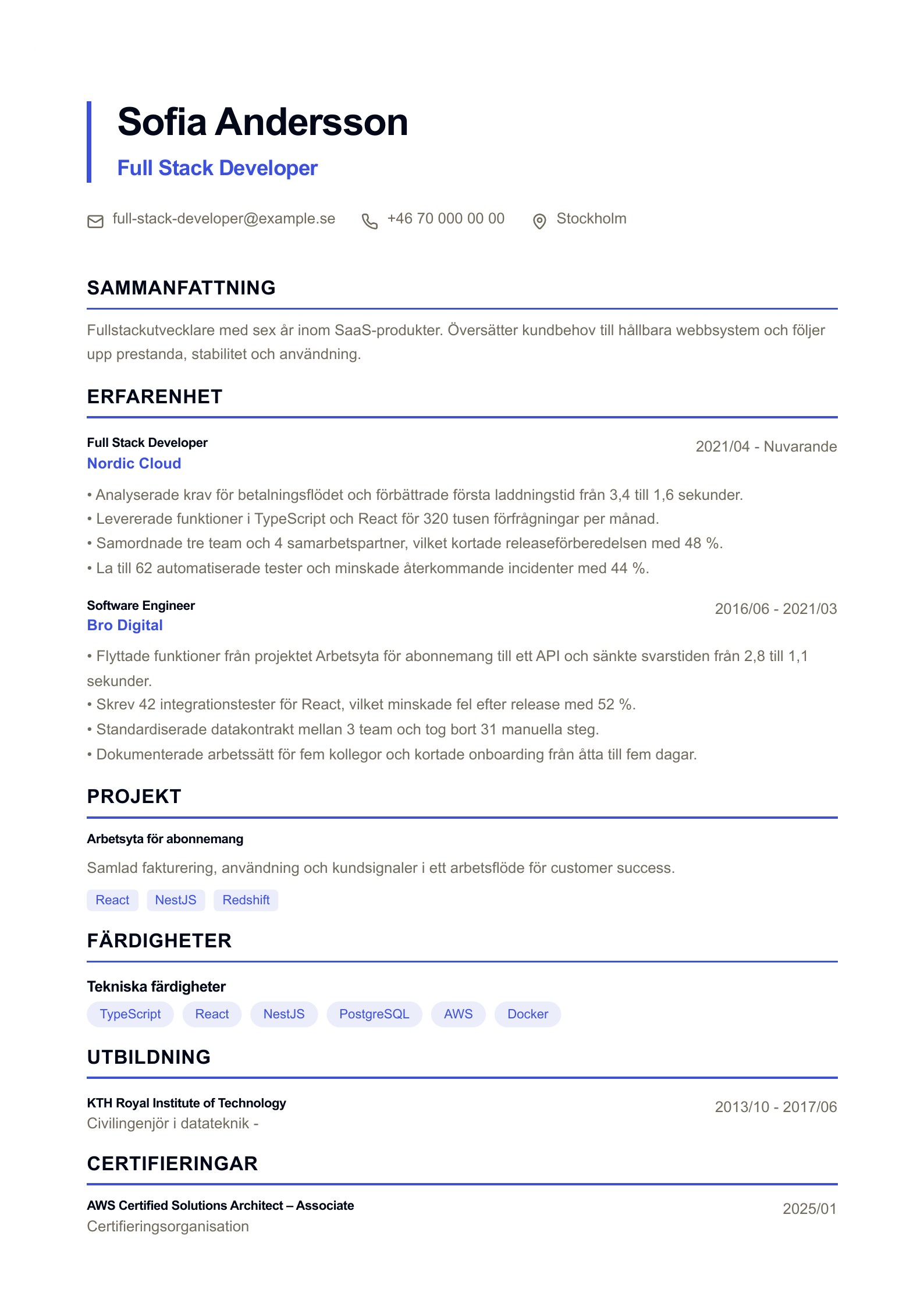 CV för Full Stack Developer – svenskt exempel