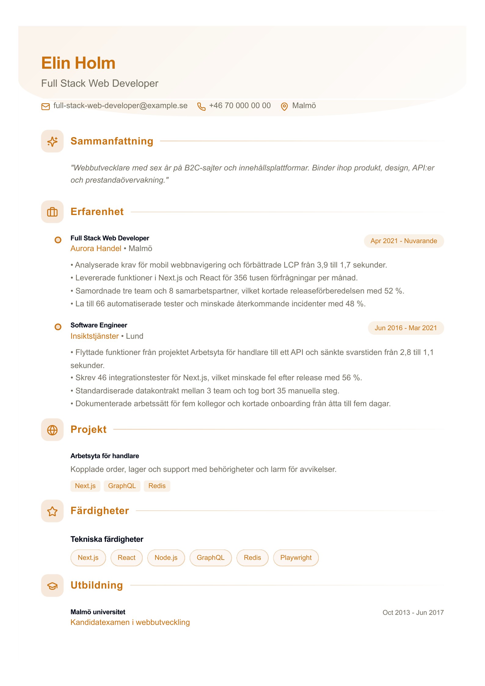 CV för Full Stack Web Developer – svenskt exempel