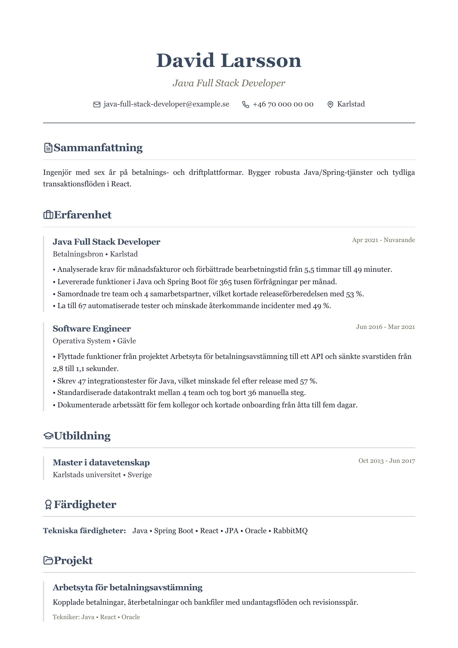 CV för Java Full Stack Developer – svenskt exempel