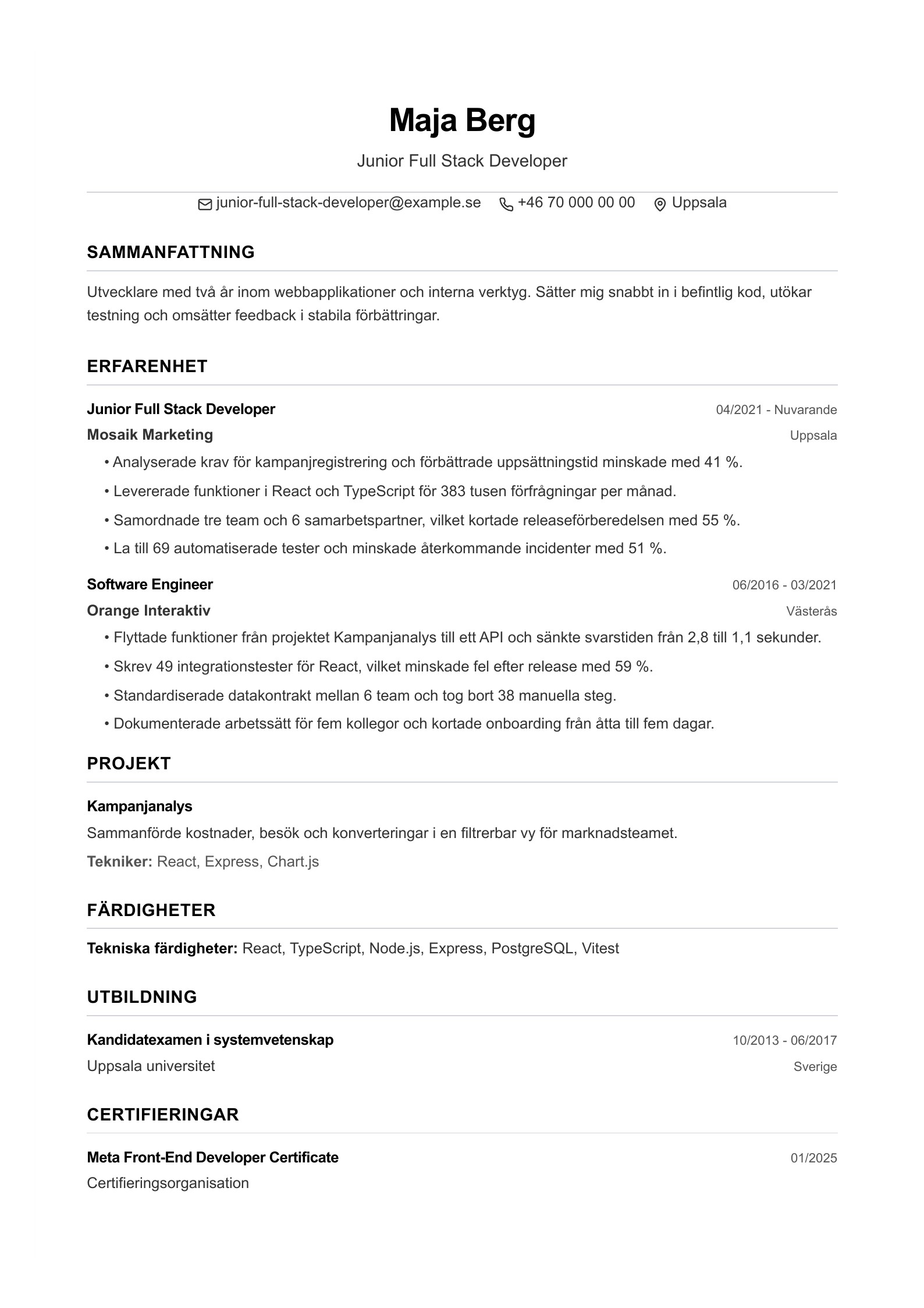 CV för Junior Full Stack Developer – svenskt exempel