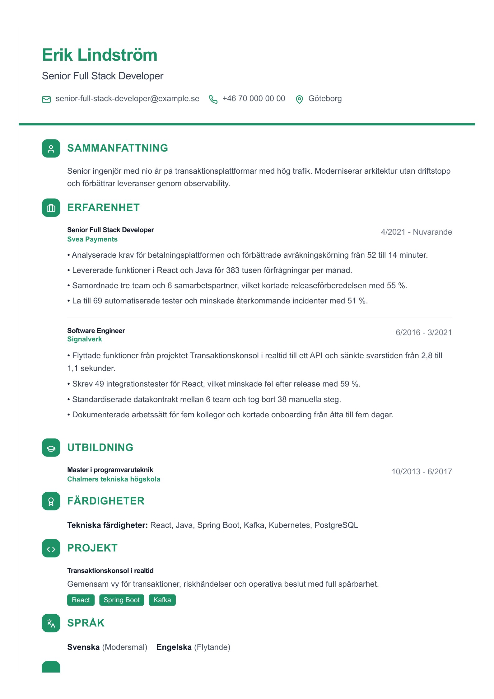 CV för Senior Full Stack Developer – svenskt exempel