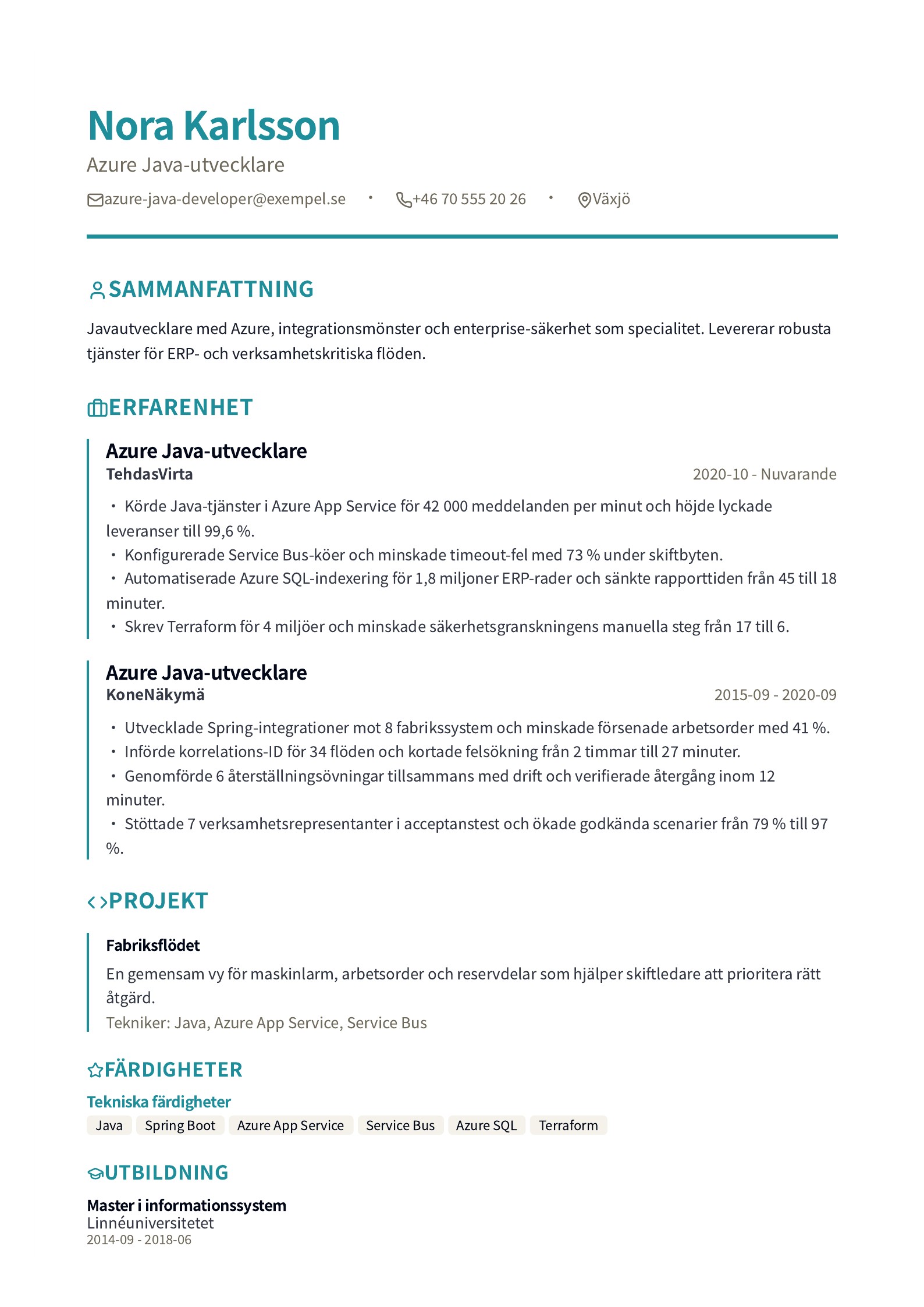 CV för Azure Java-utvecklare - svenskt exempel