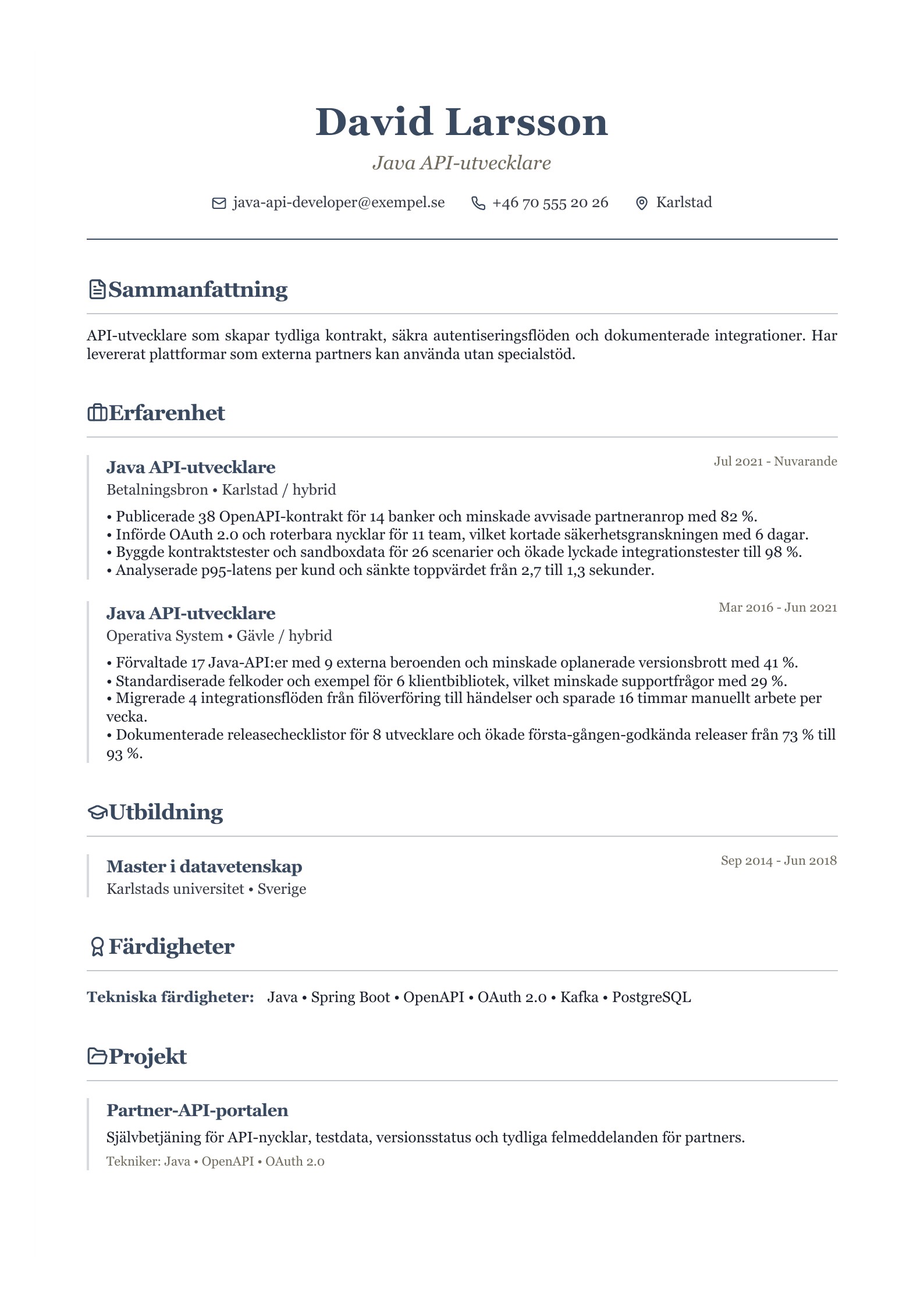 CV för Java API-utvecklare - svenskt exempel