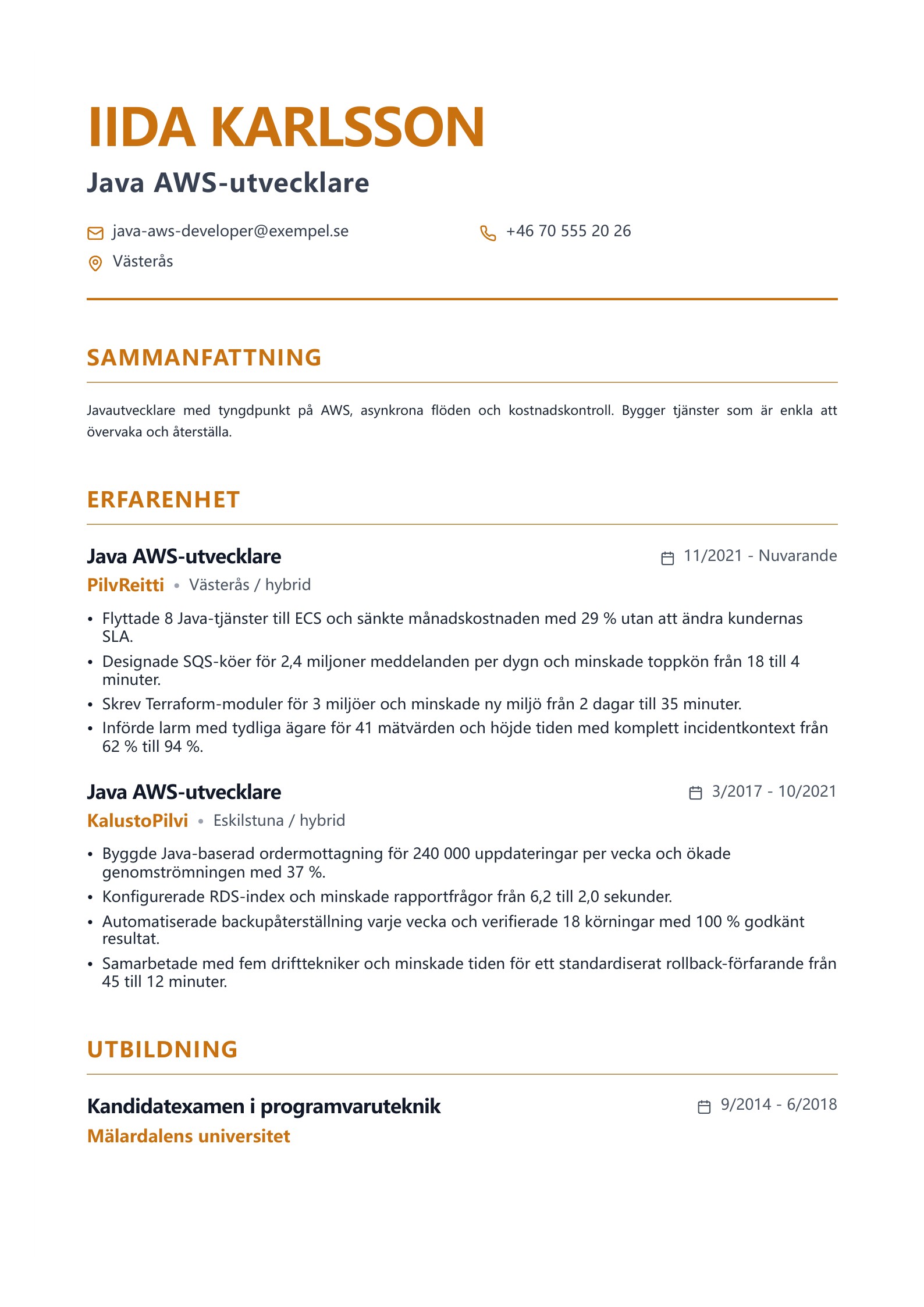 CV för Java AWS-utvecklare - svenskt exempel