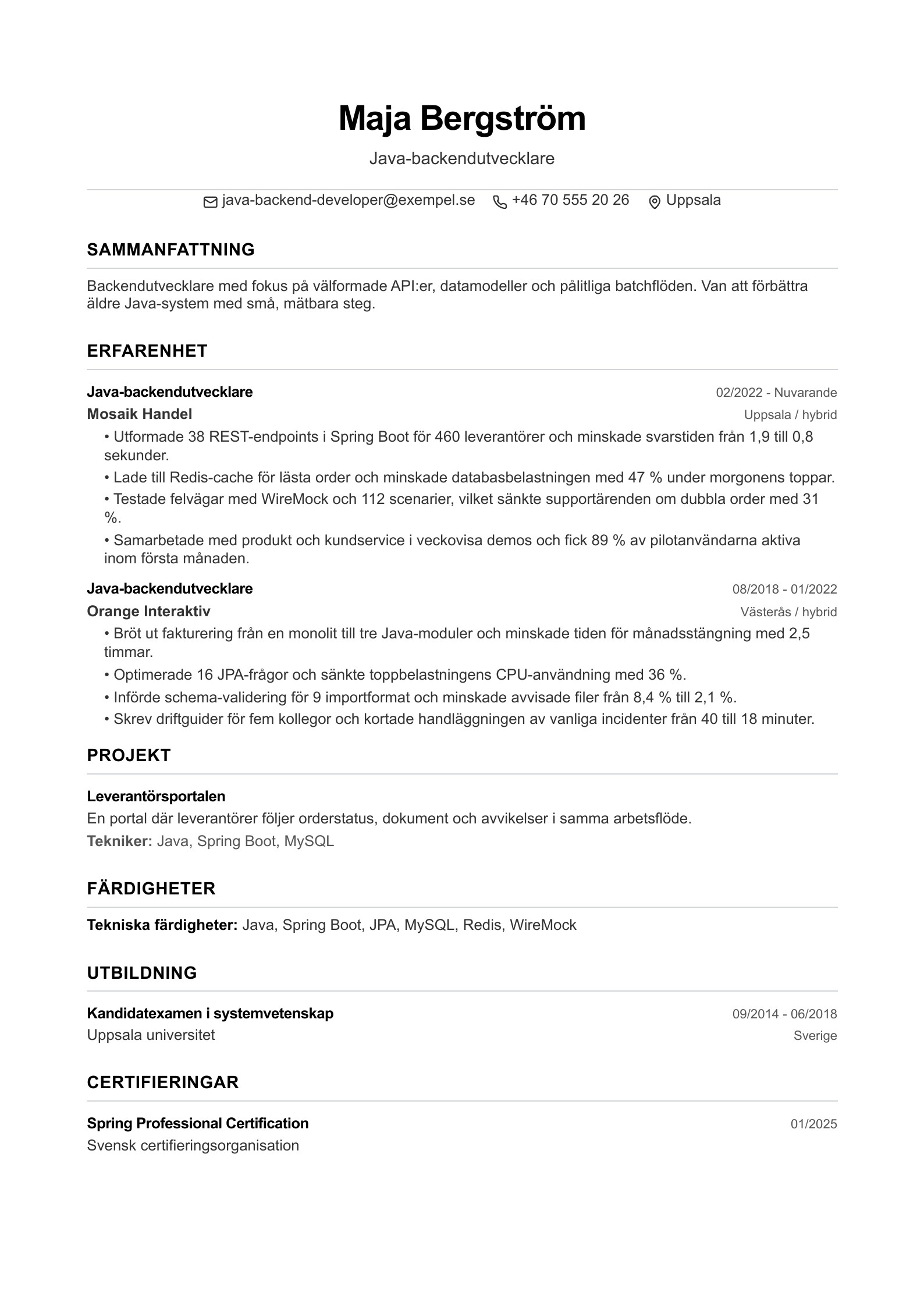 CV för Java-backendutvecklare - svenskt exempel