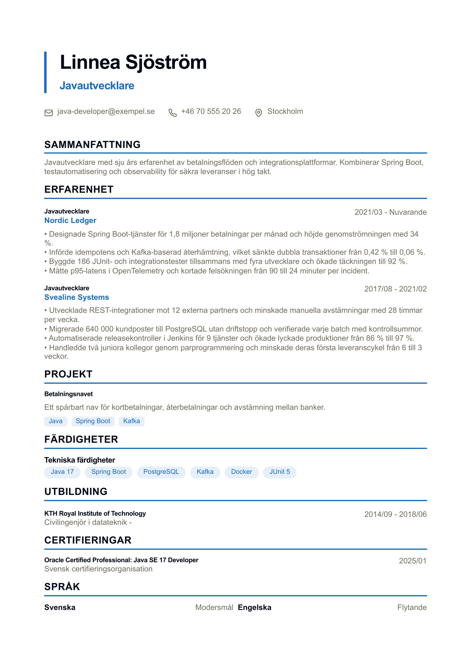CV för Javautvecklare - svenskt exempel