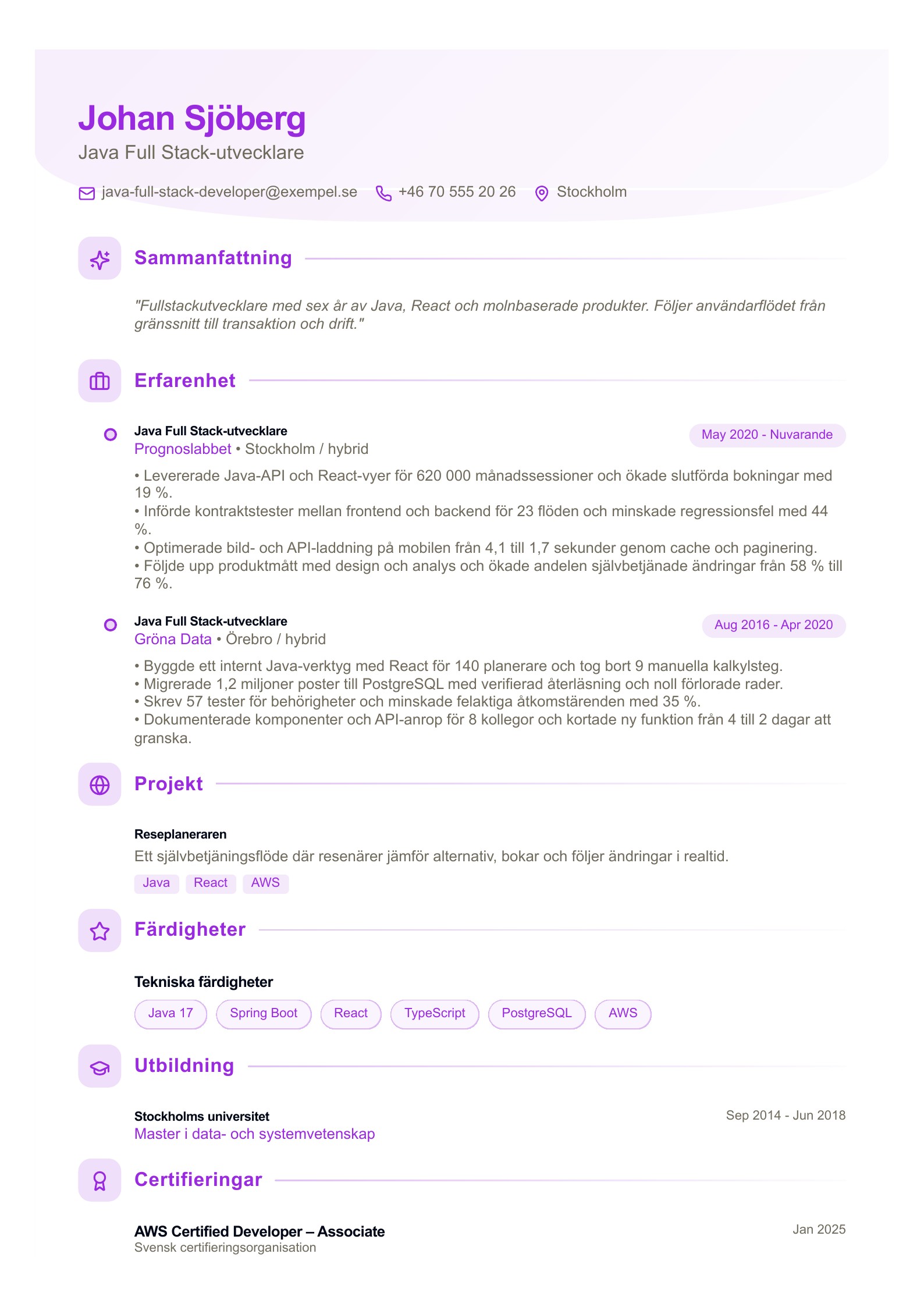 CV för Java Full Stack-utvecklare - svenskt exempel