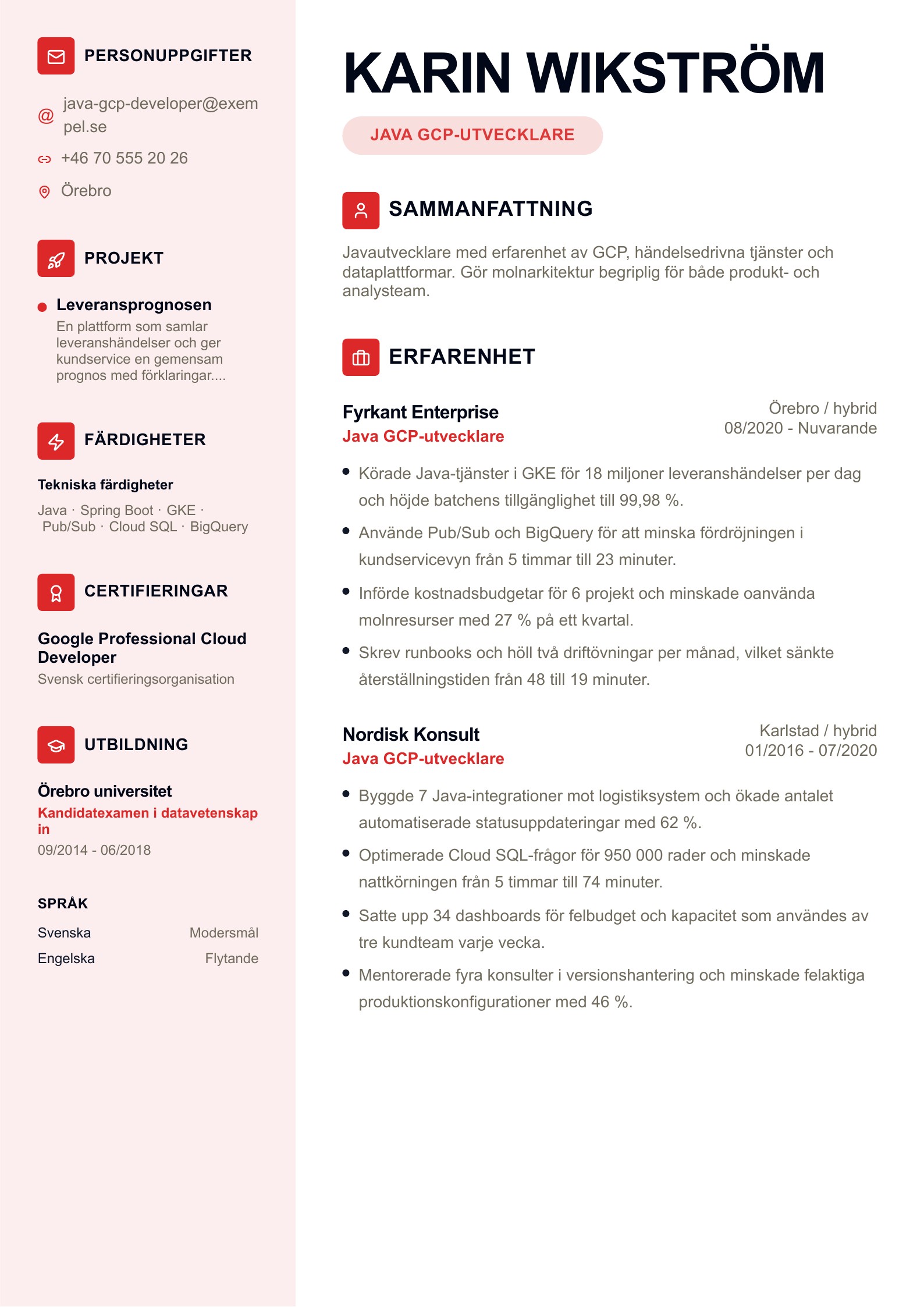 CV för Java GCP-utvecklare - svenskt exempel
