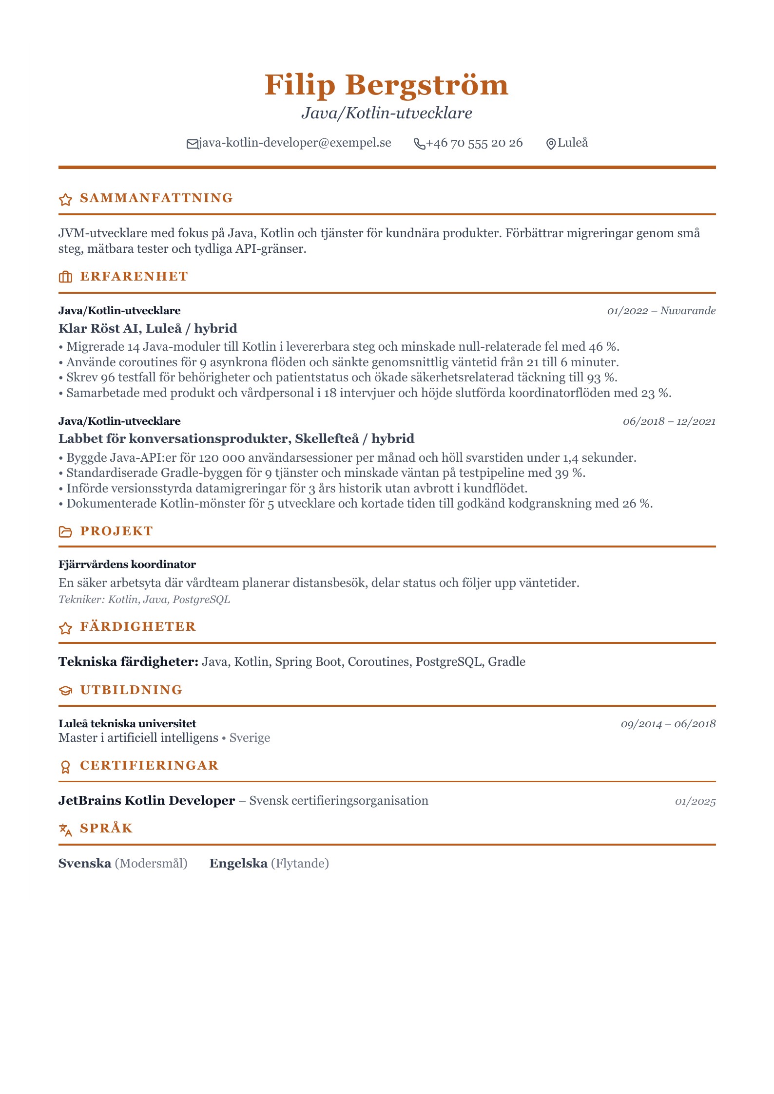 CV för Java/Kotlin-utvecklare - svenskt exempel