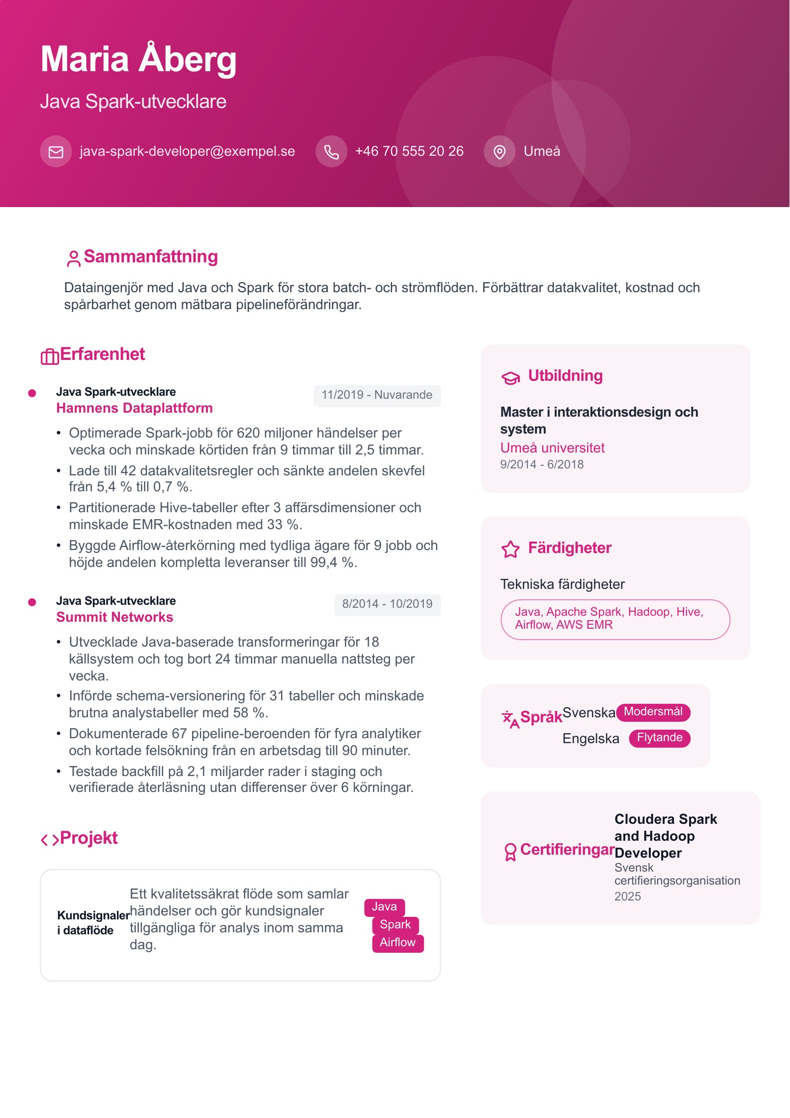 CV för Java Spark-utvecklare - svenskt exempel