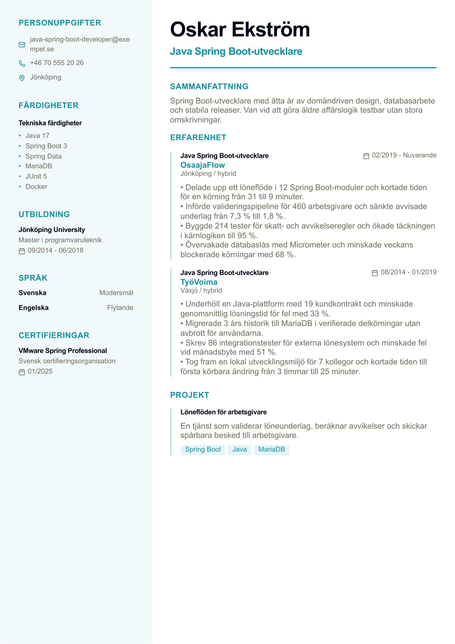 CV för Java Spring Boot-utvecklare - svenskt exempel