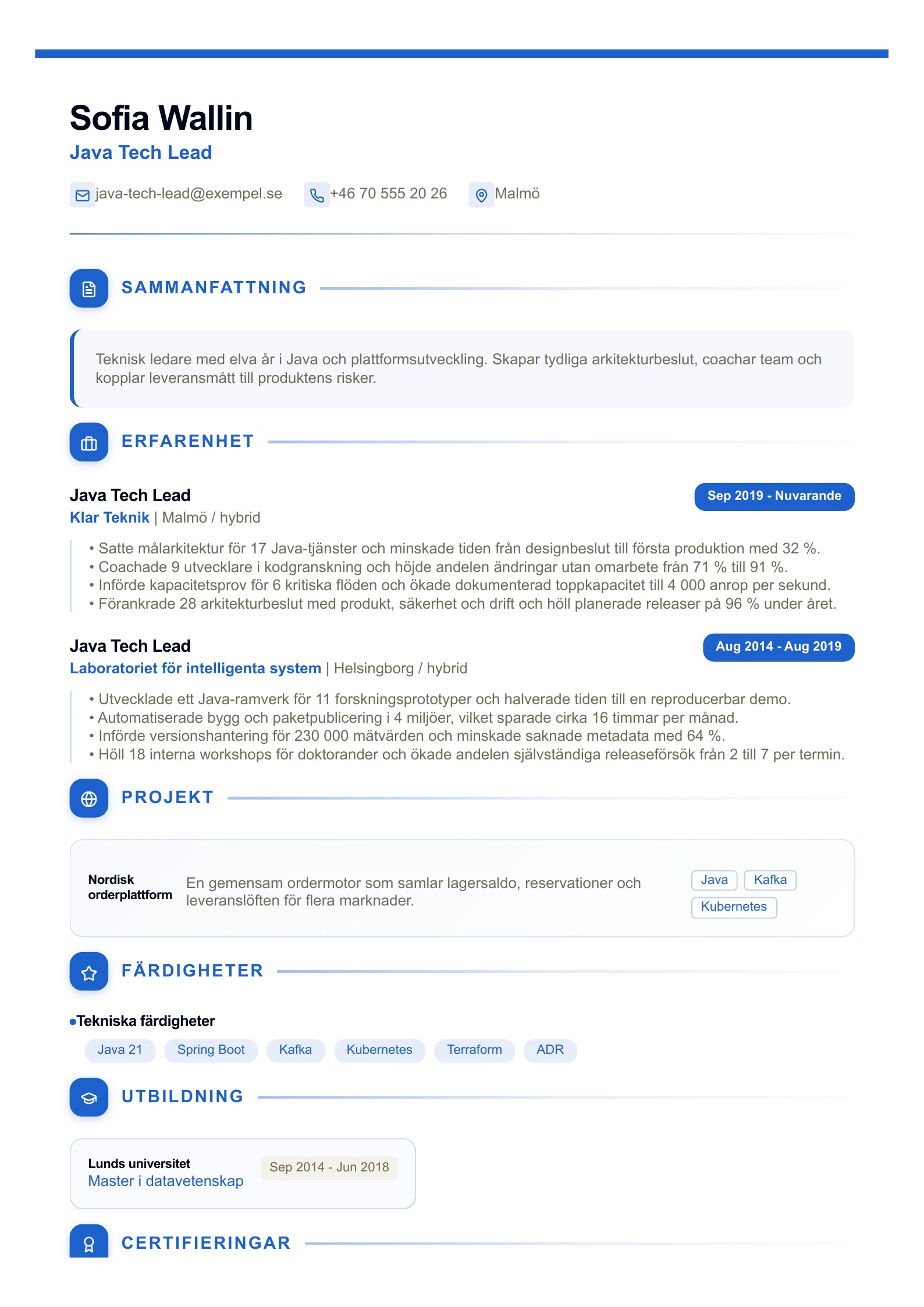 CV för Java Tech Lead - svenskt exempel