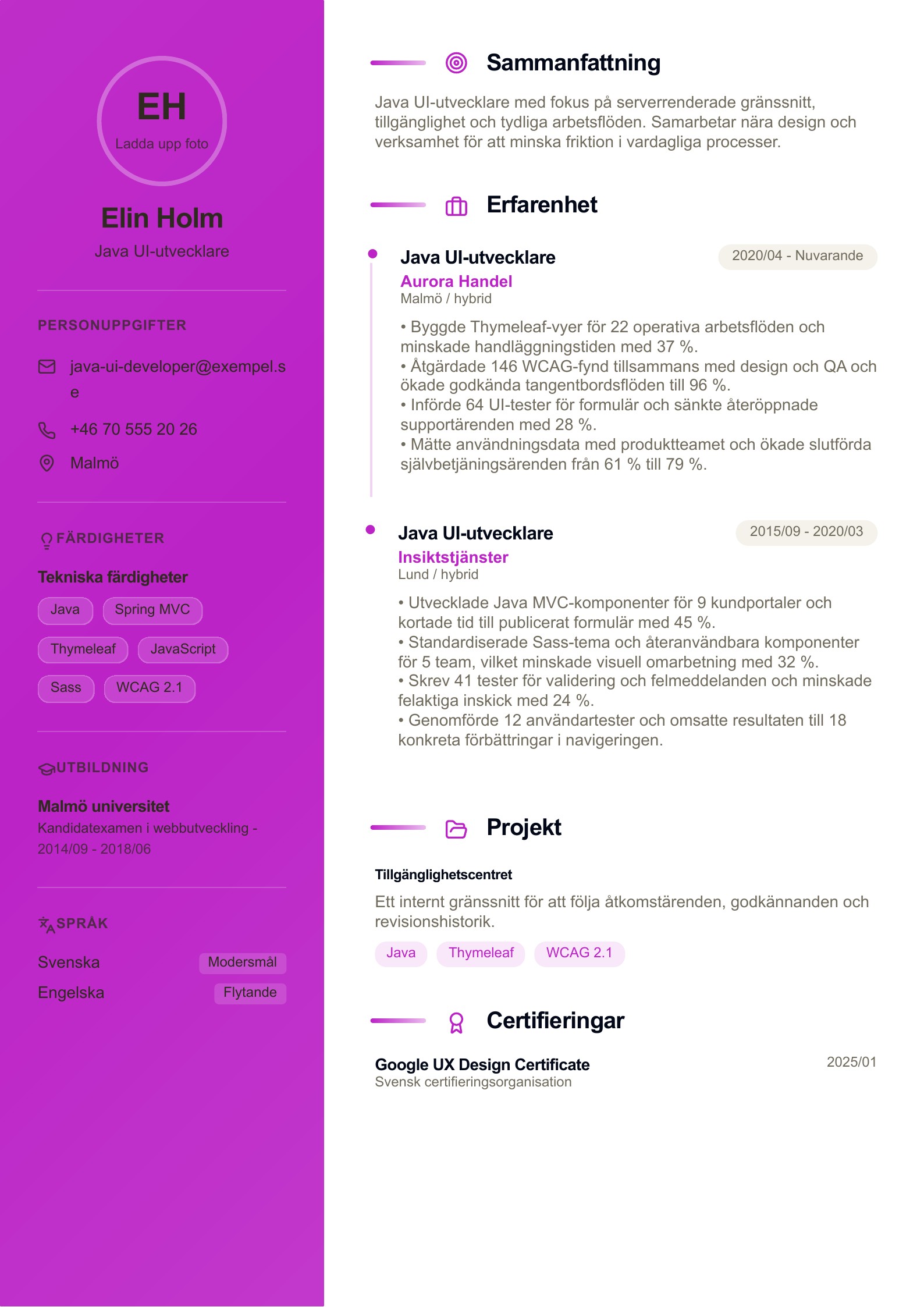 CV för Java UI-utvecklare - svenskt exempel