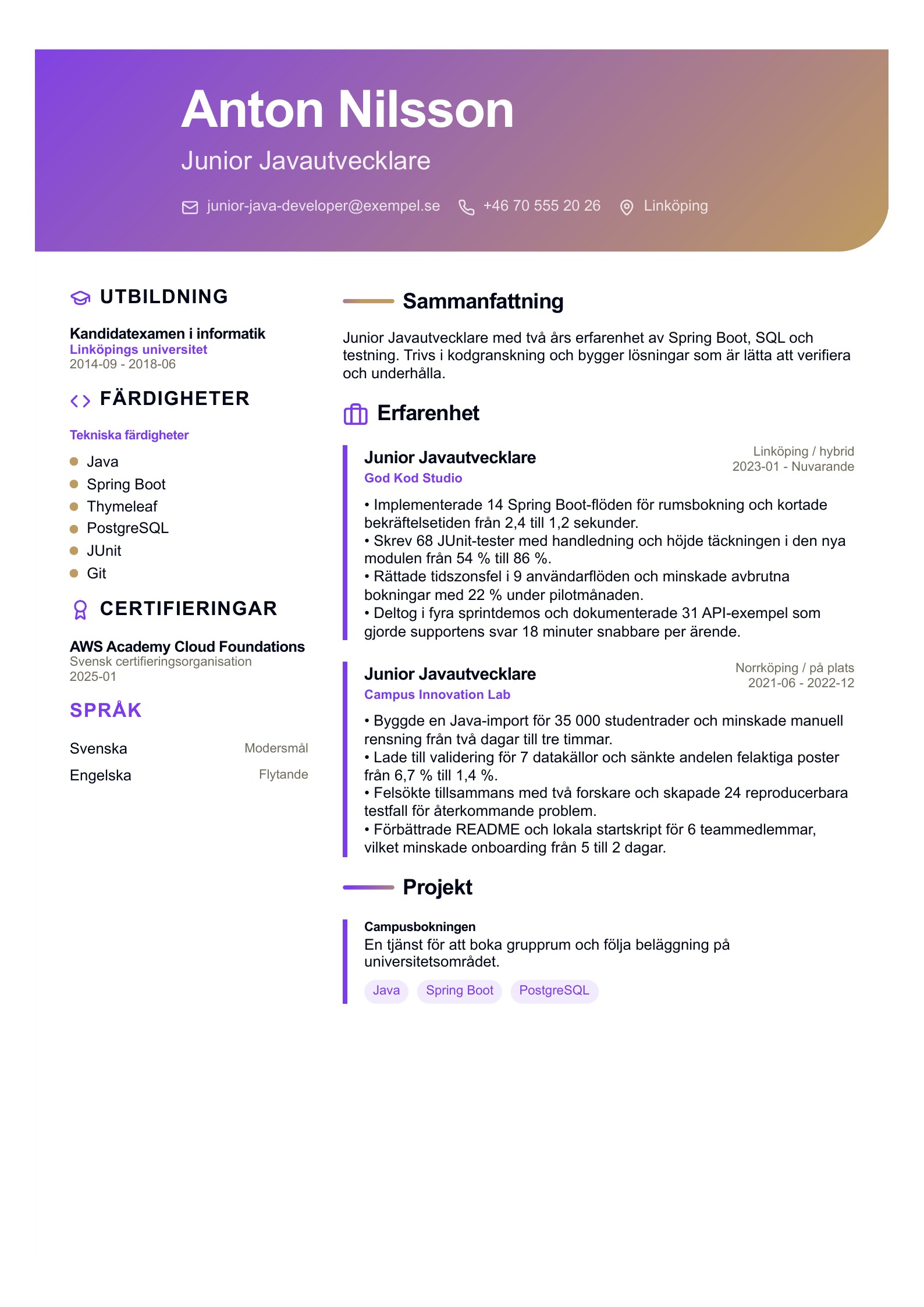 CV för junior Javautvecklare - svenskt exempel