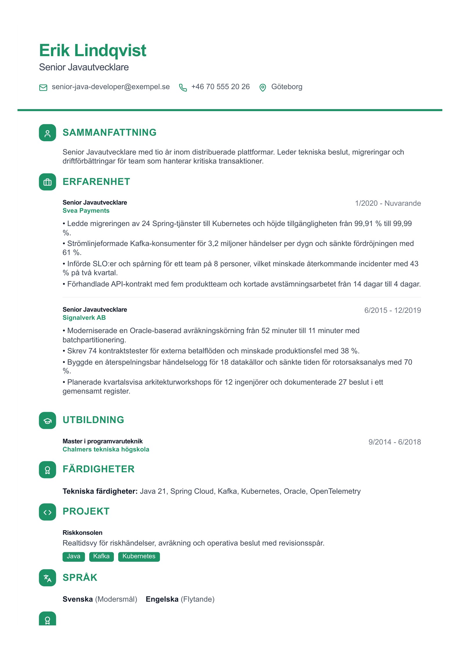 CV för Senior Javautvecklare - svenskt exempel