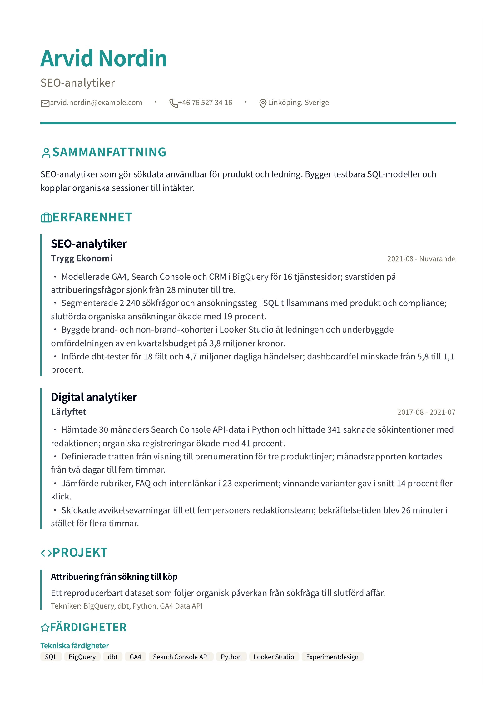 SEO-analytiker - svenskt SEO-CV-exempel