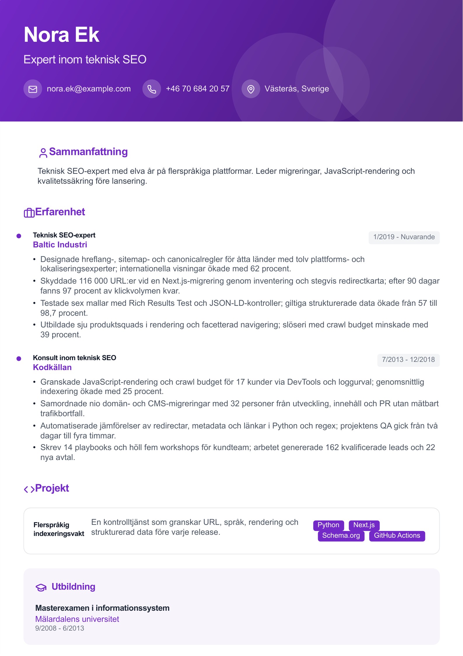 SEO-expert - svenskt SEO-CV-exempel