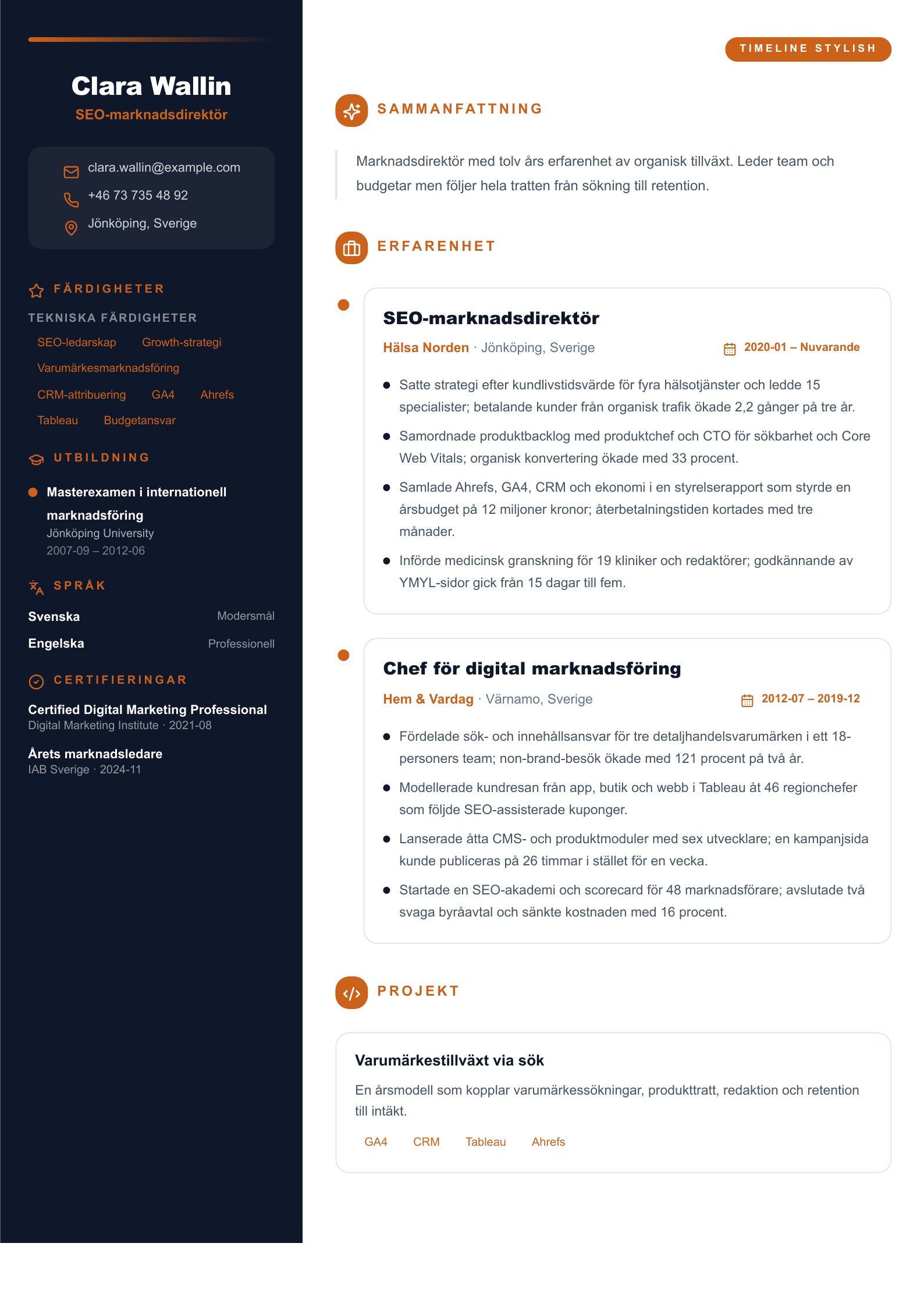 SEO-marknadsdirektör - svenskt SEO-CV-exempel