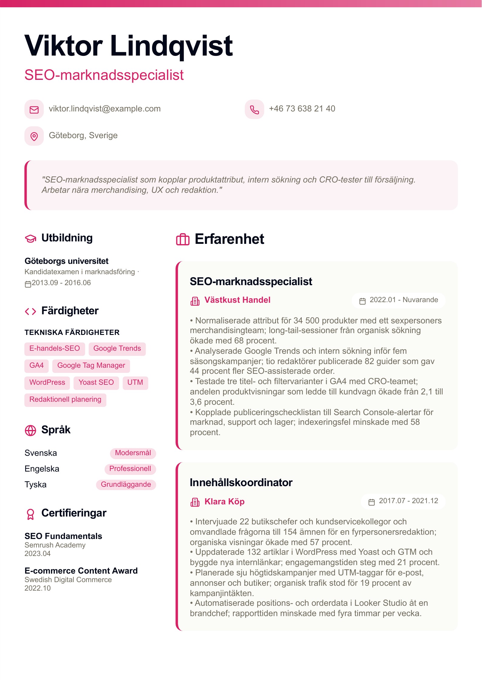 SEO-marknadsspecialist - svenskt SEO-CV-exempel