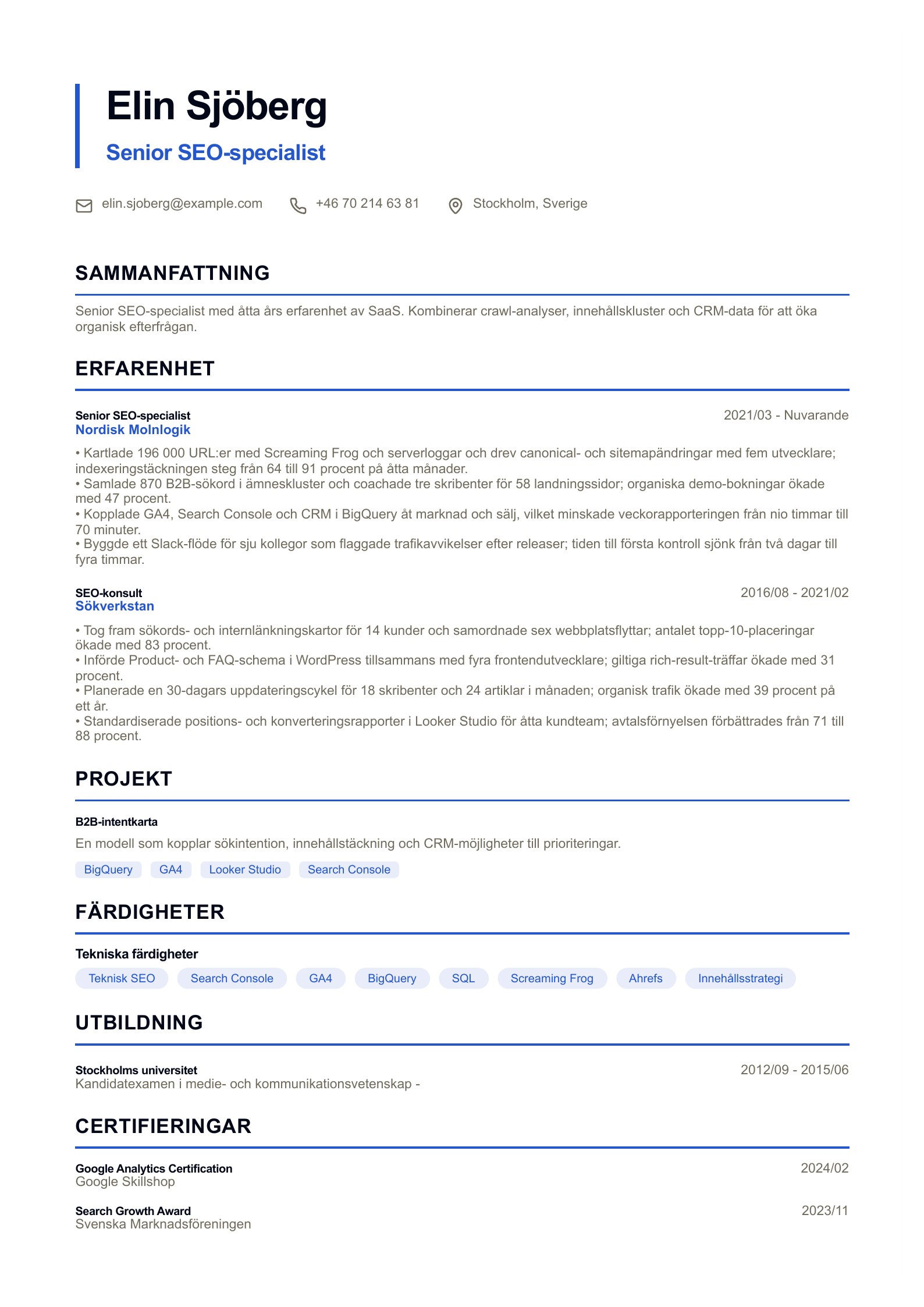 SEO-CV - svenskt SEO-CV-exempel