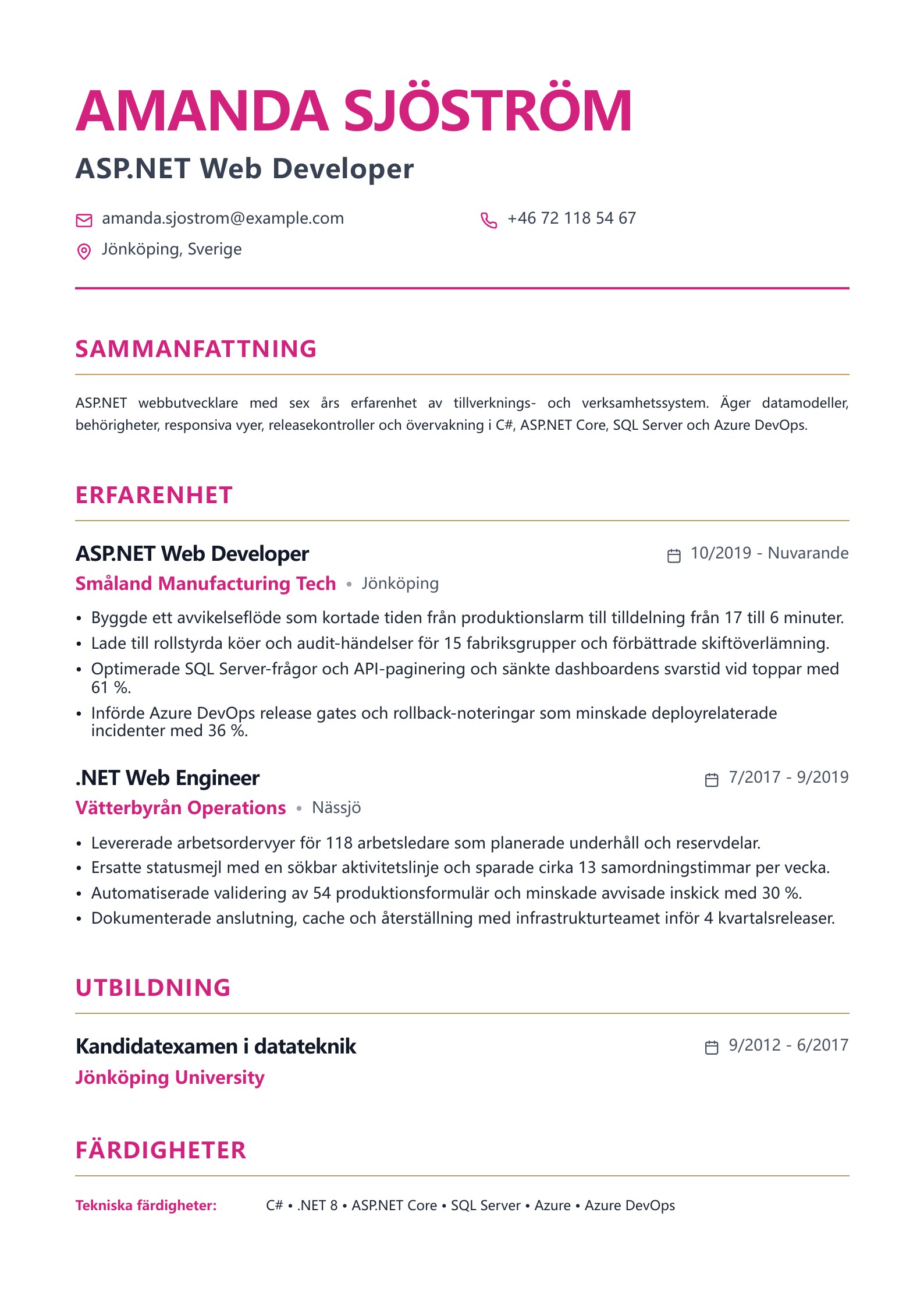 CV för ASP.NET webbutvecklare - svenskt CV-exempel