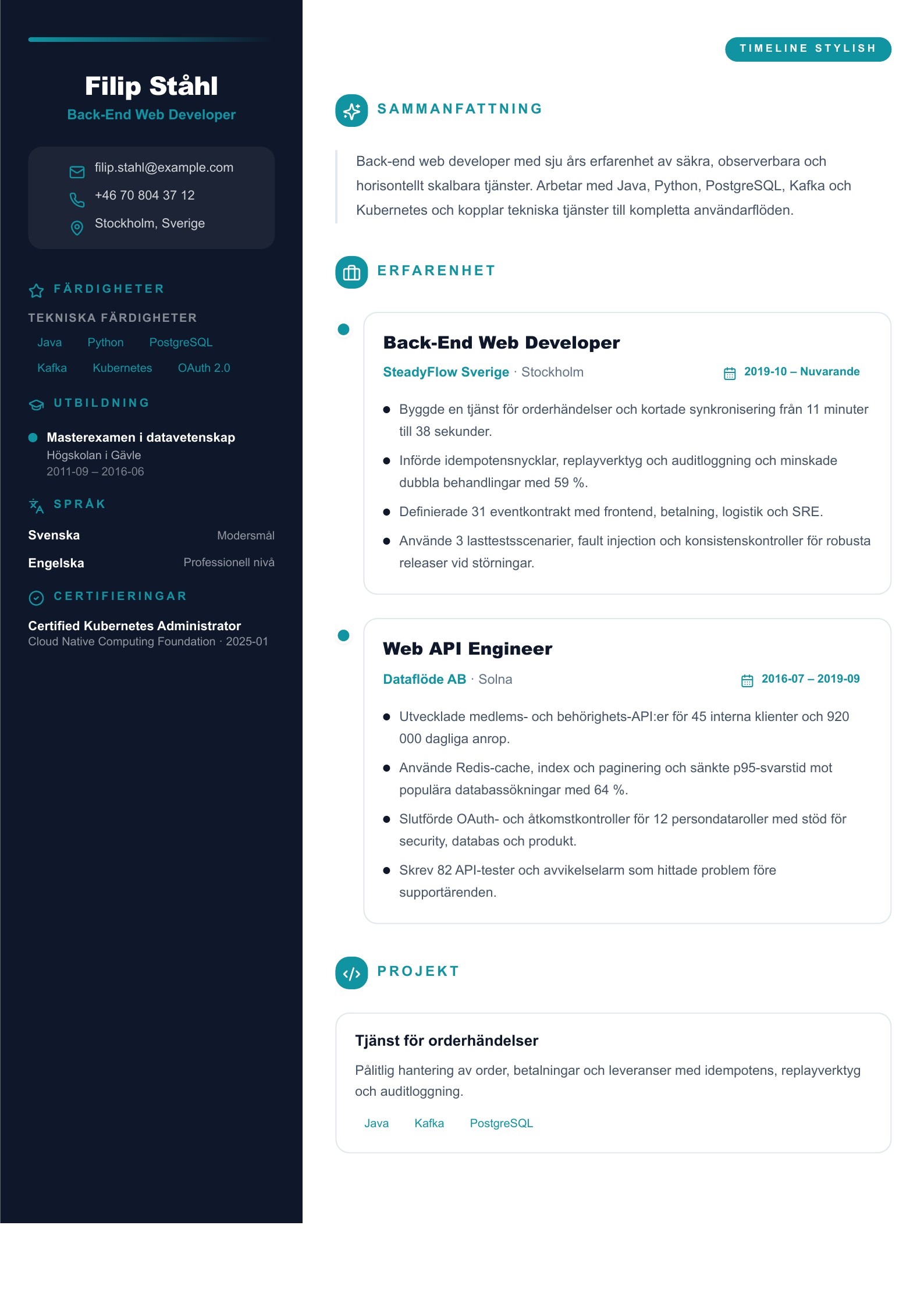 CV för back-end web developer - svenskt CV-exempel