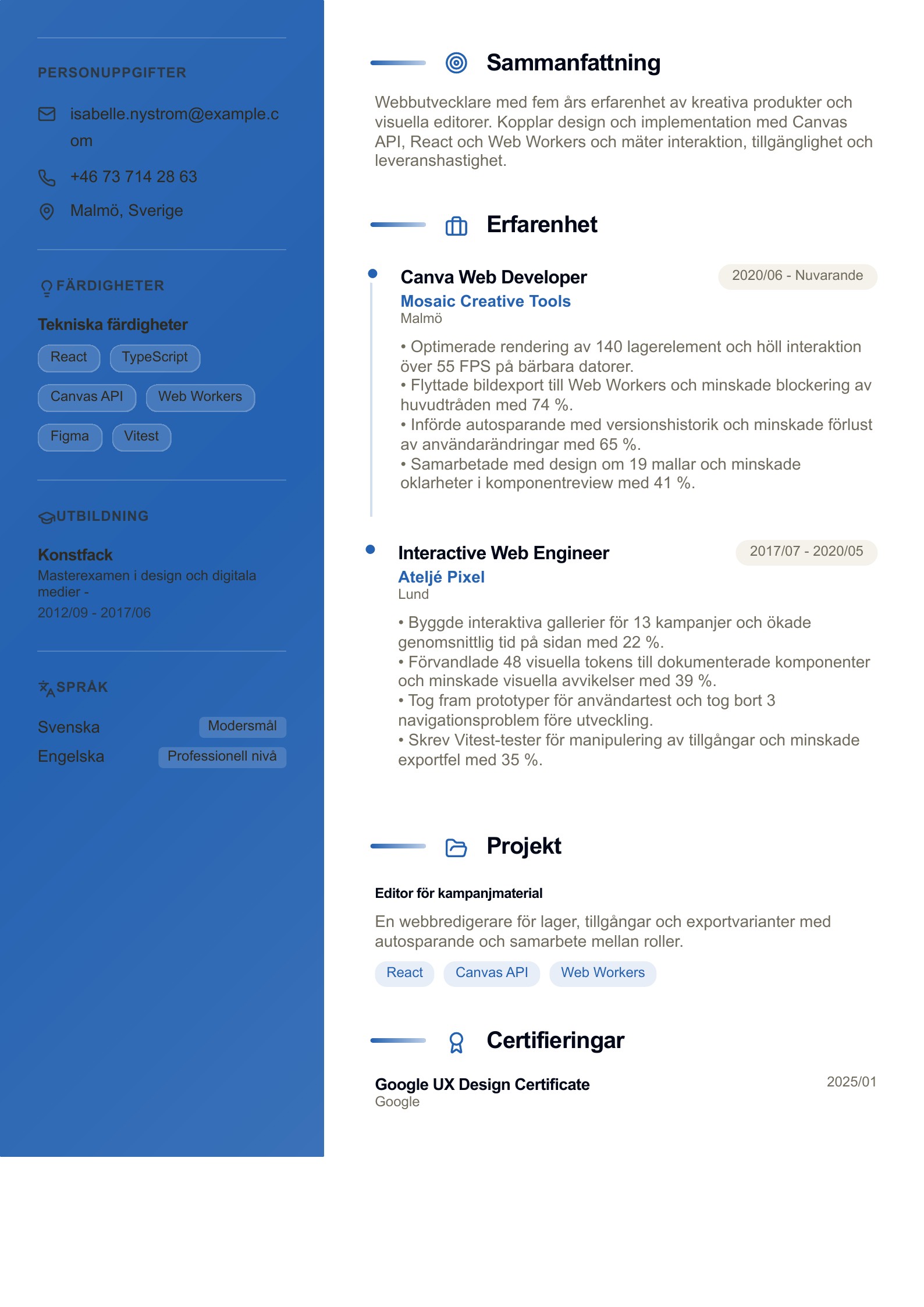 CV för Canva web developer - svenskt CV-exempel