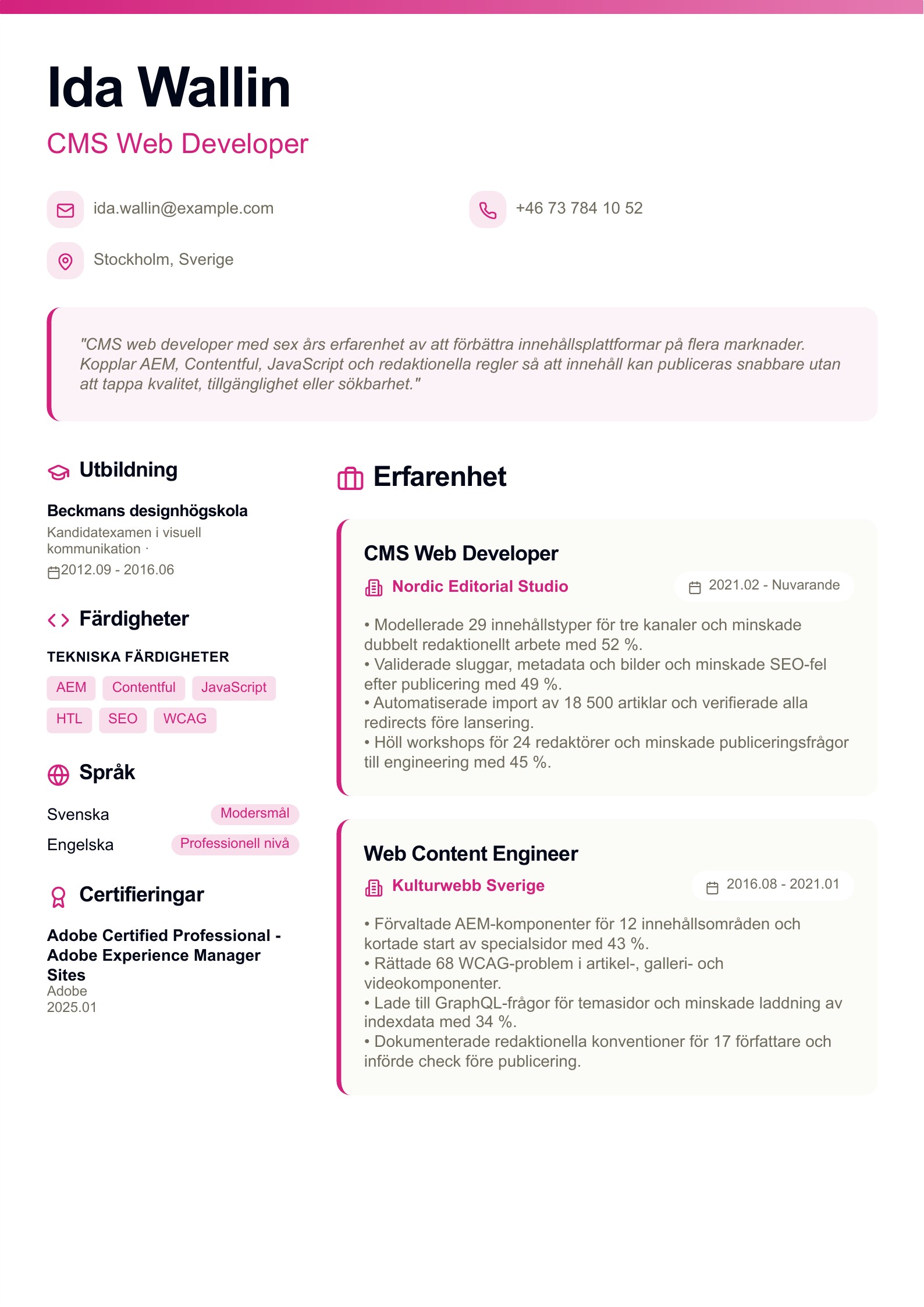 CV för CMS web developer - svenskt CV-exempel