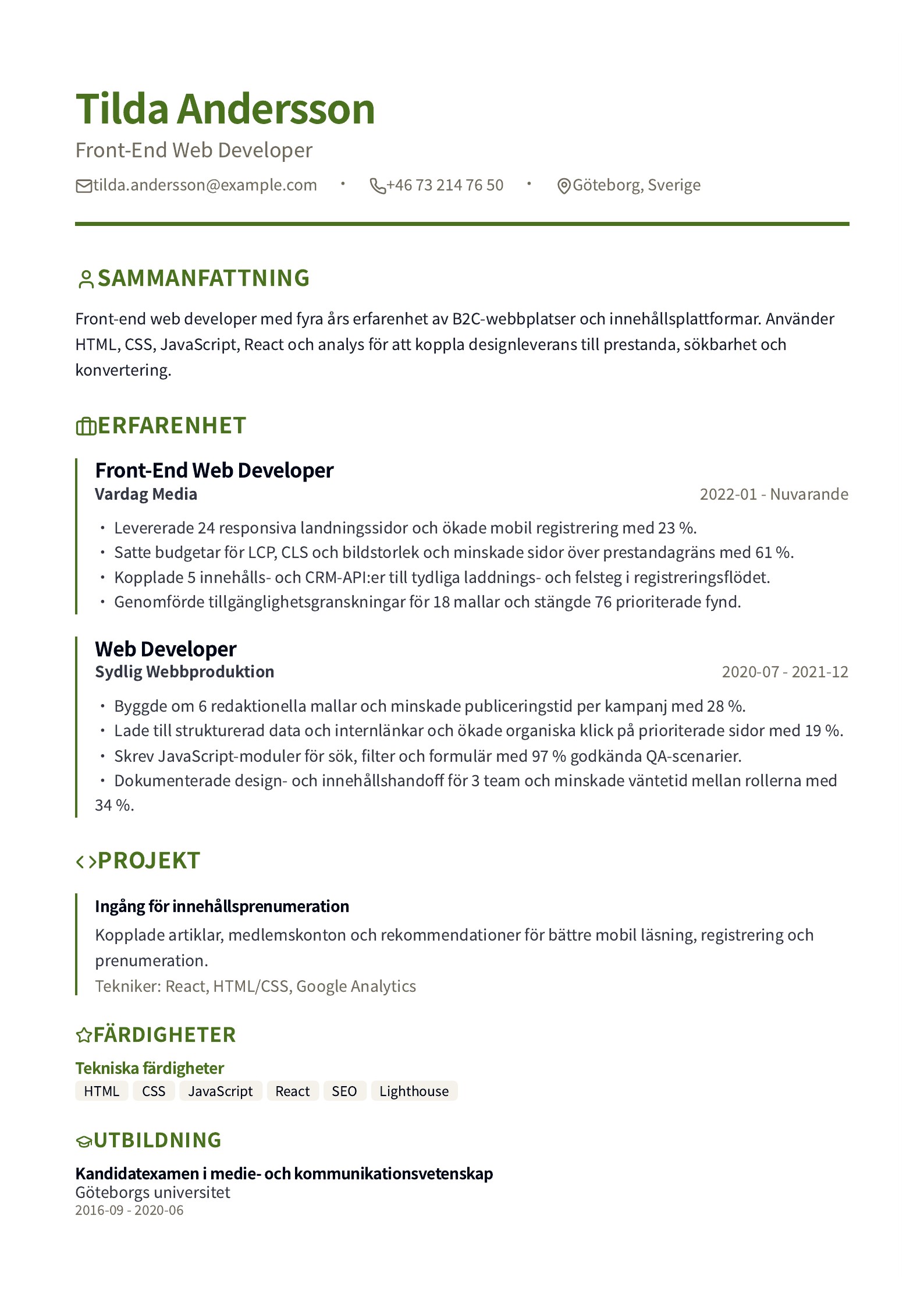 CV för front-end web developer - svenskt CV-exempel