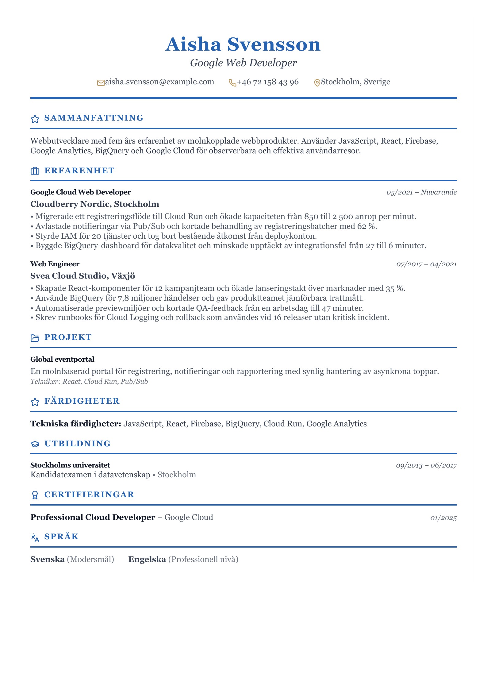 CV för Google web developer - svenskt CV-exempel