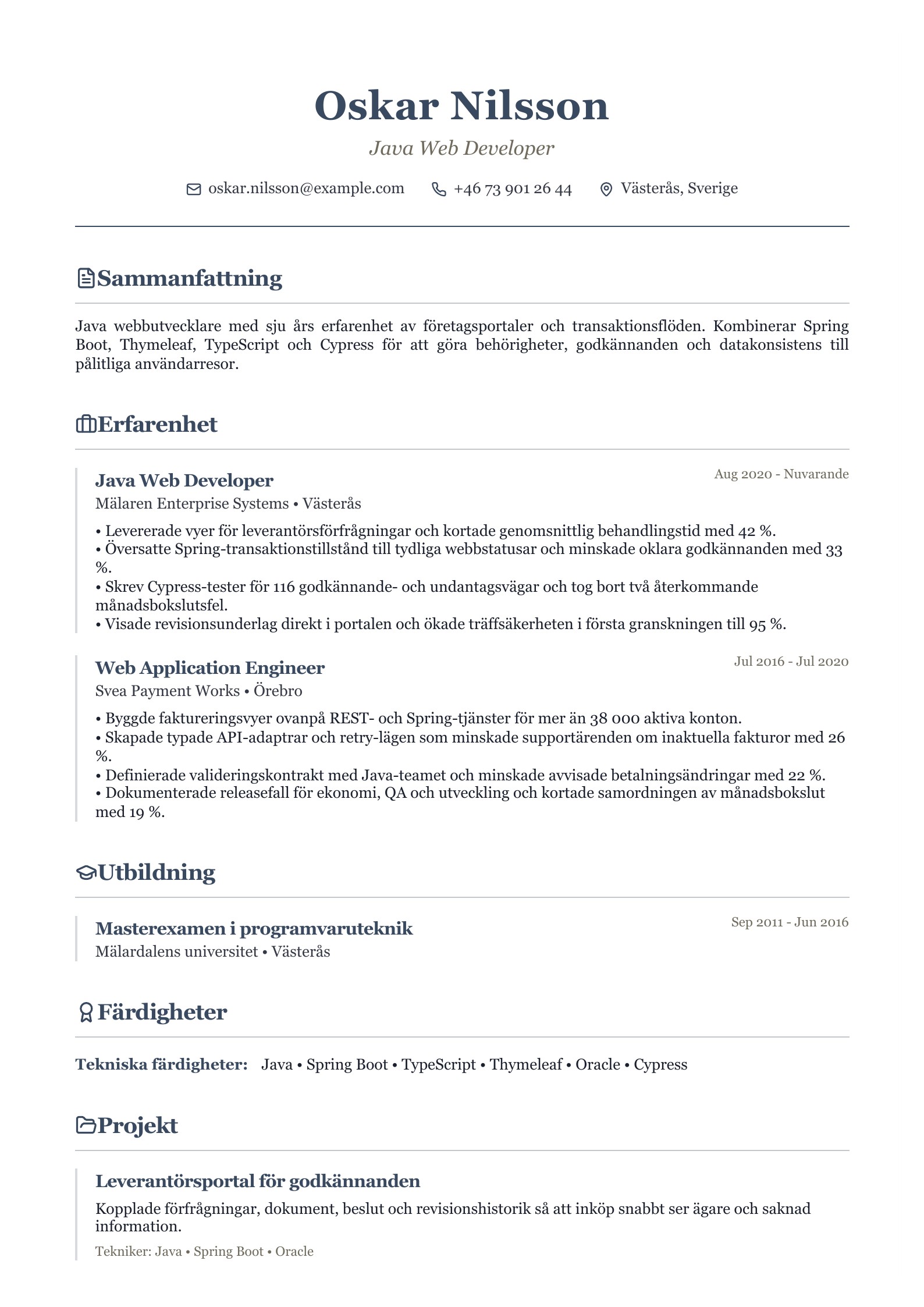 CV för Java webbutvecklare - svenskt CV-exempel