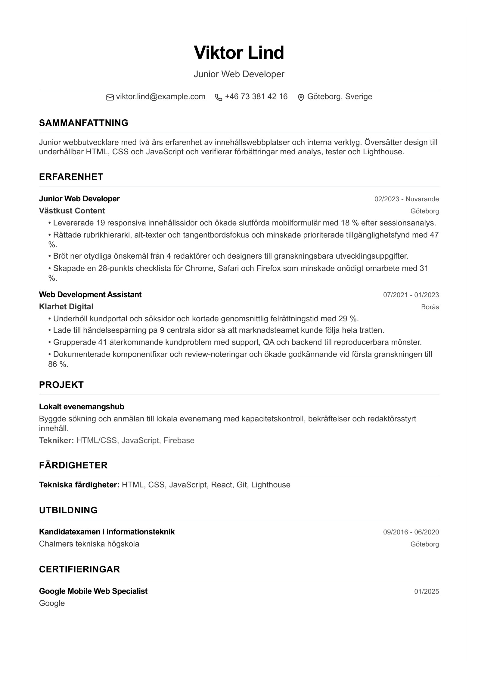 CV för junior webbutvecklare - svenskt CV-exempel