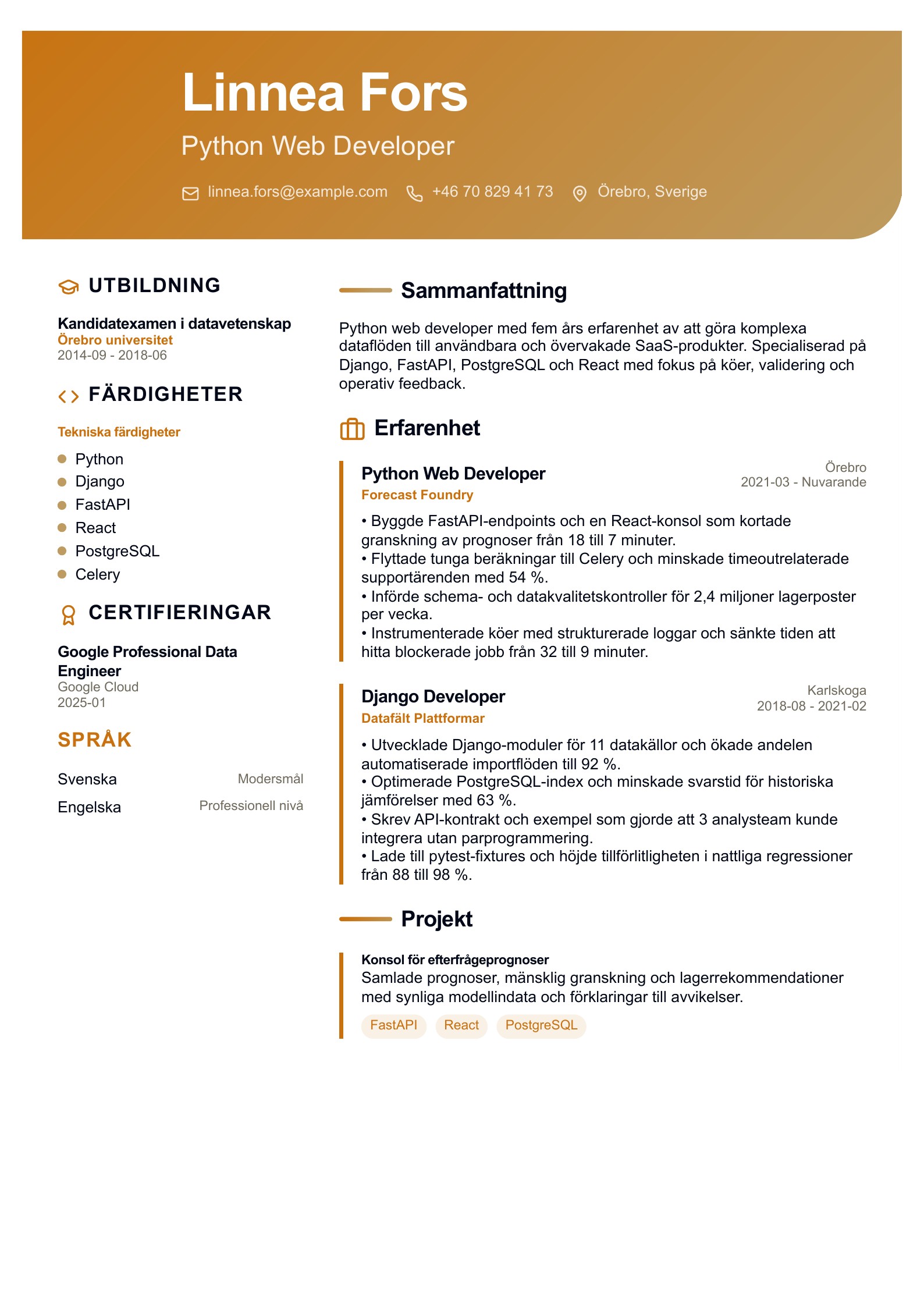 CV för Python web developer - svenskt CV-exempel