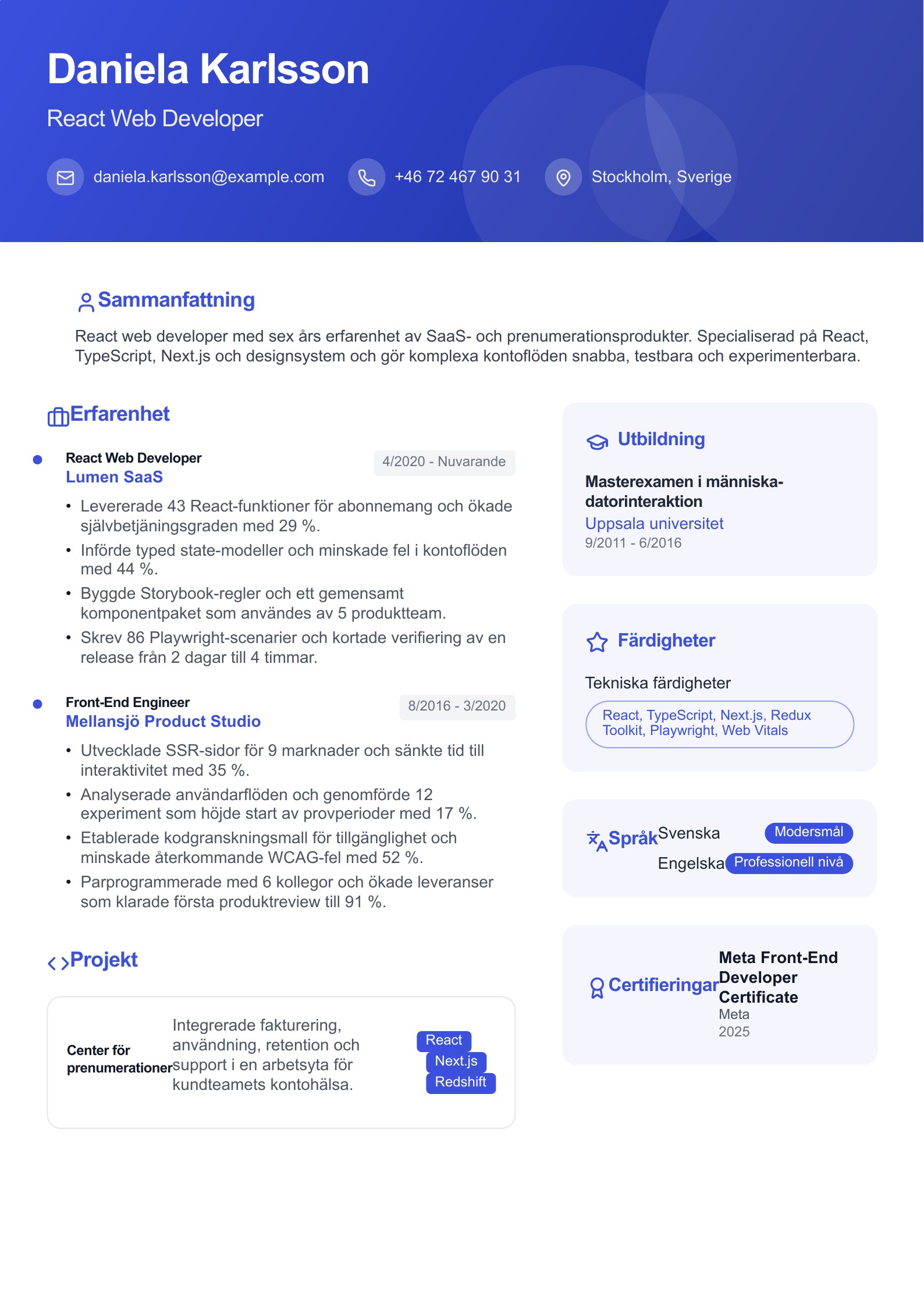 CV för React web developer - svenskt CV-exempel