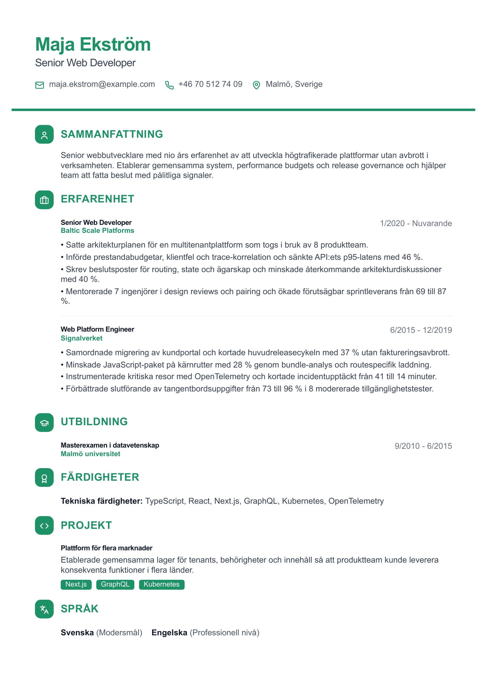 CV för senior webbutvecklare - svenskt CV-exempel