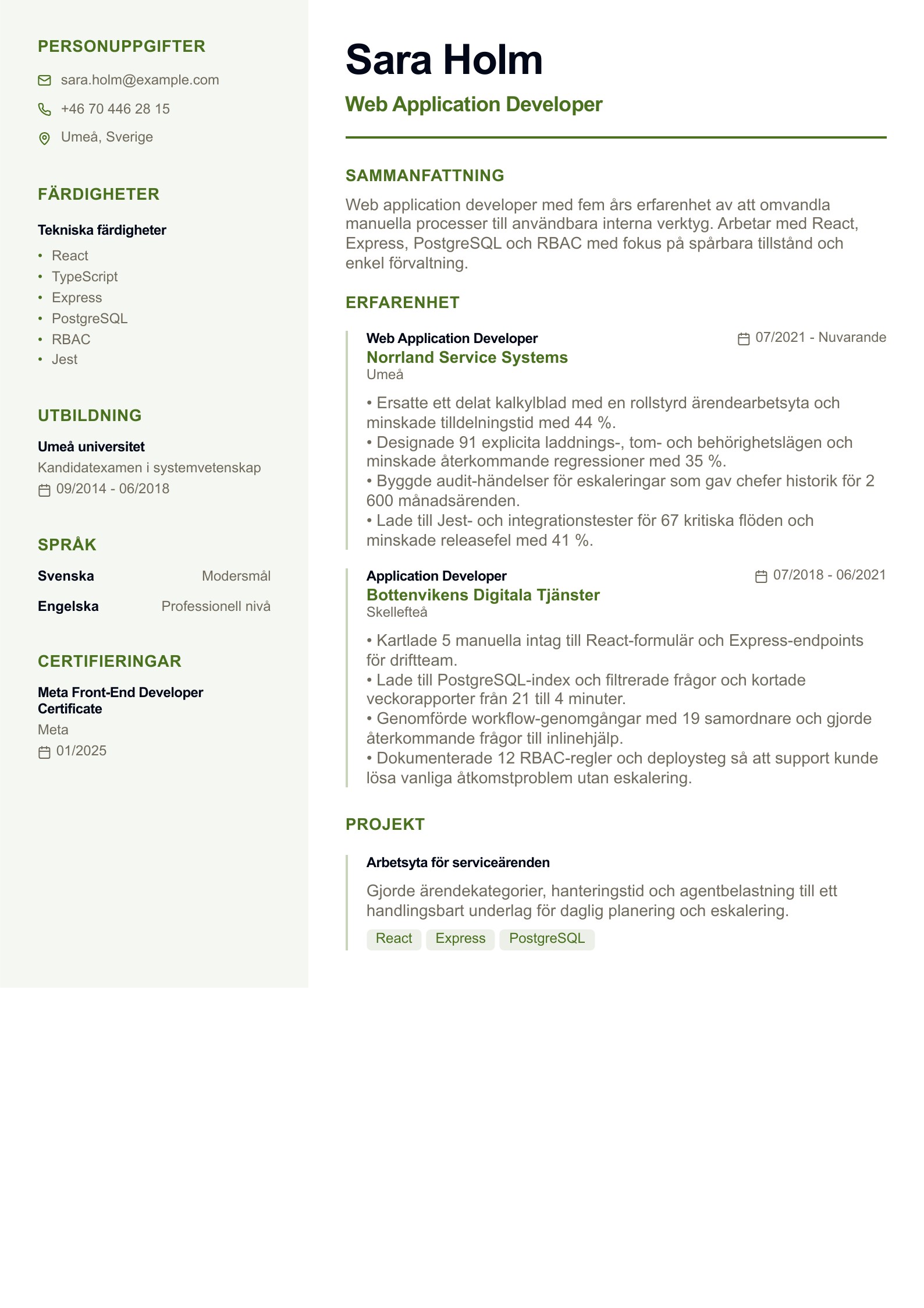 CV för web application developer - svenskt CV-exempel