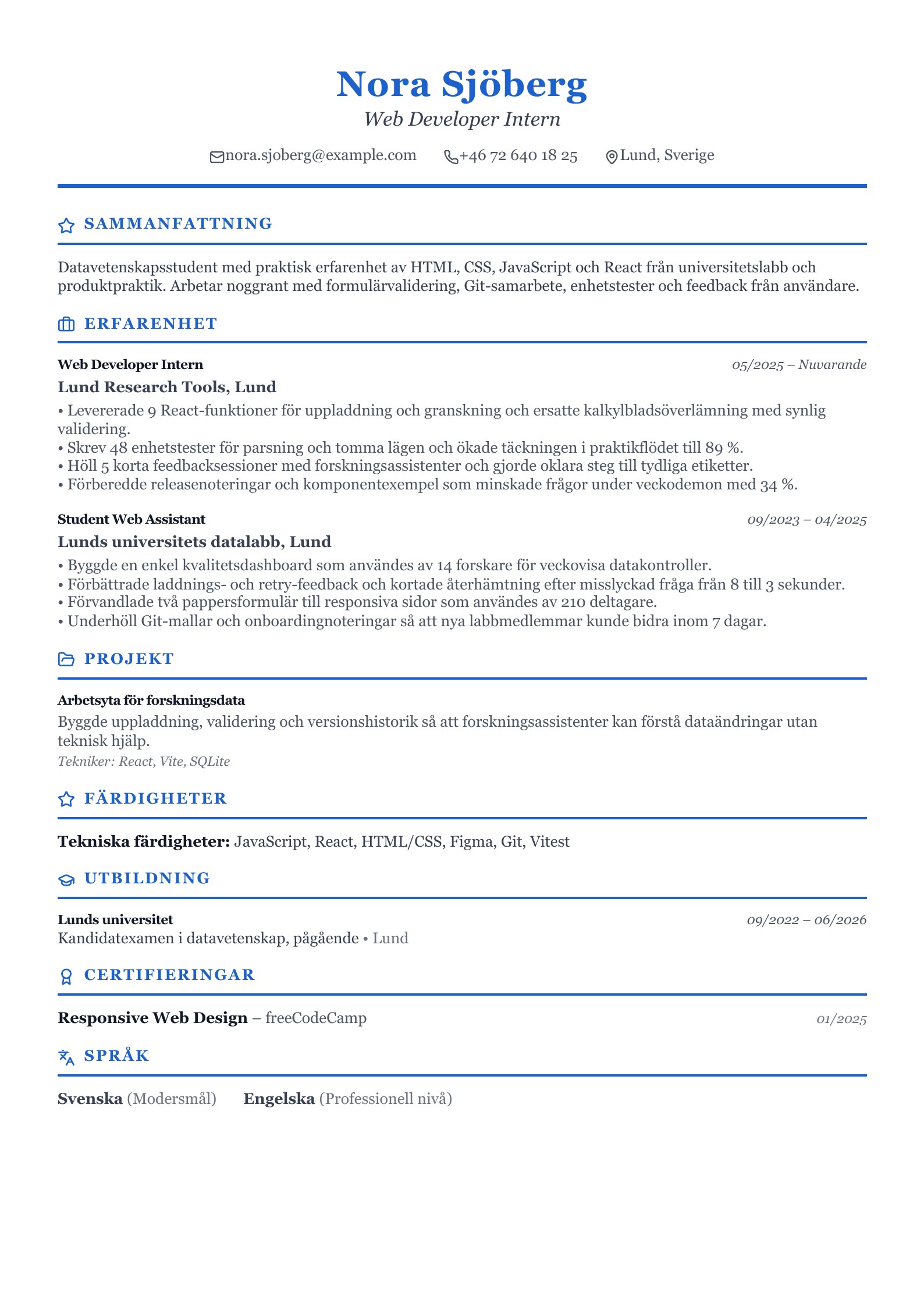 CV för webbutvecklarpraktikant - svenskt CV-exempel