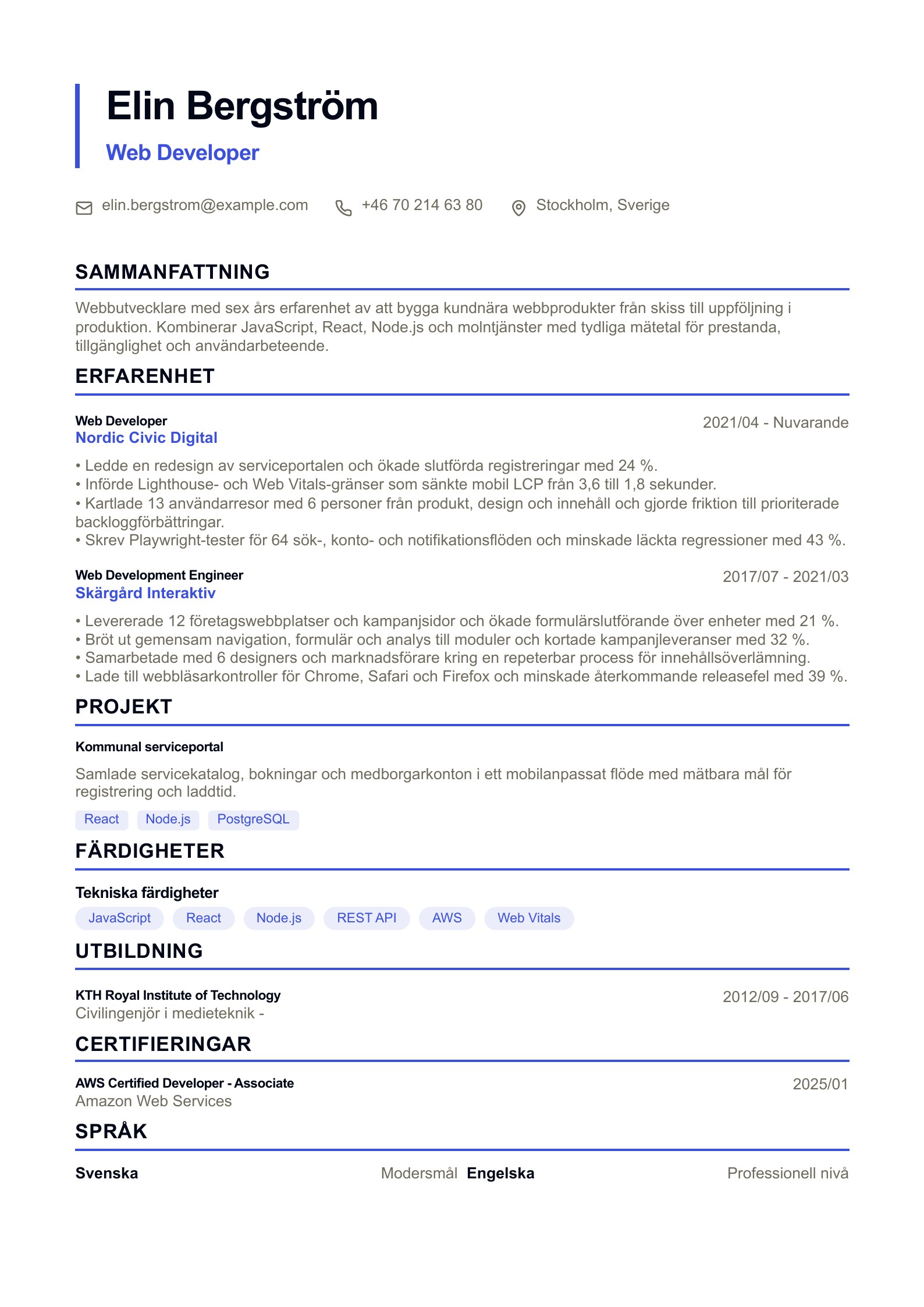 CV för webbutvecklare - svenskt CV-exempel