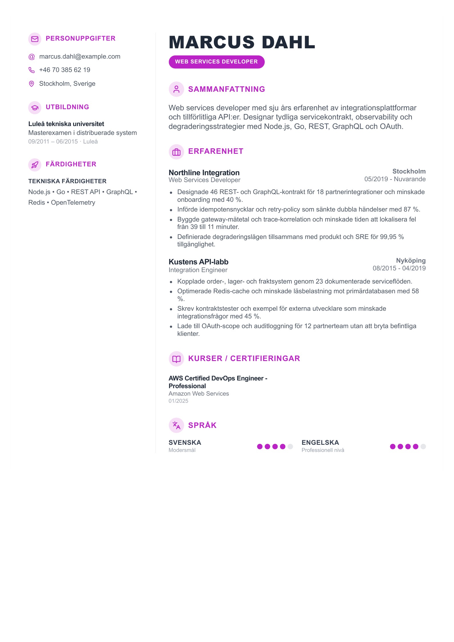 CV för web services developer - svenskt CV-exempel