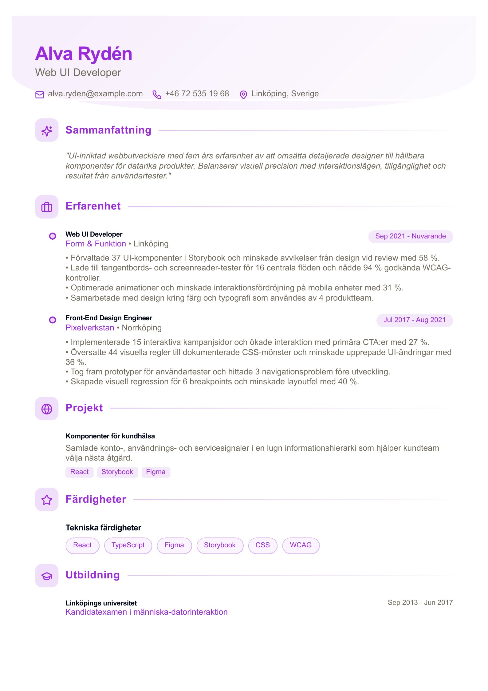 CV för Web UI developer - svenskt CV-exempel