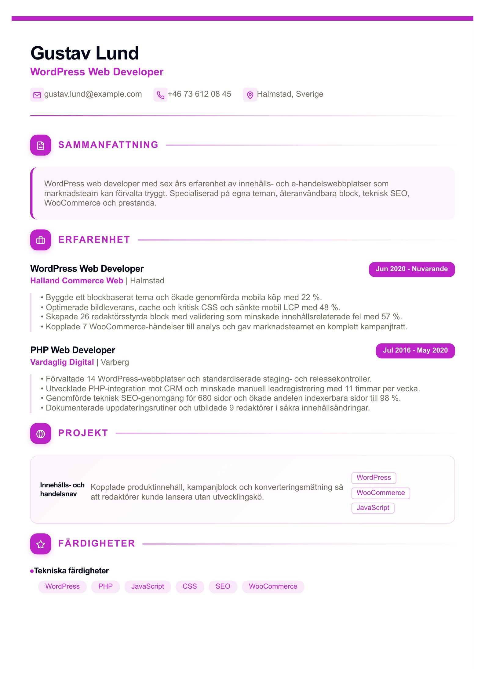 CV för WordPress web developer - svenskt CV-exempel