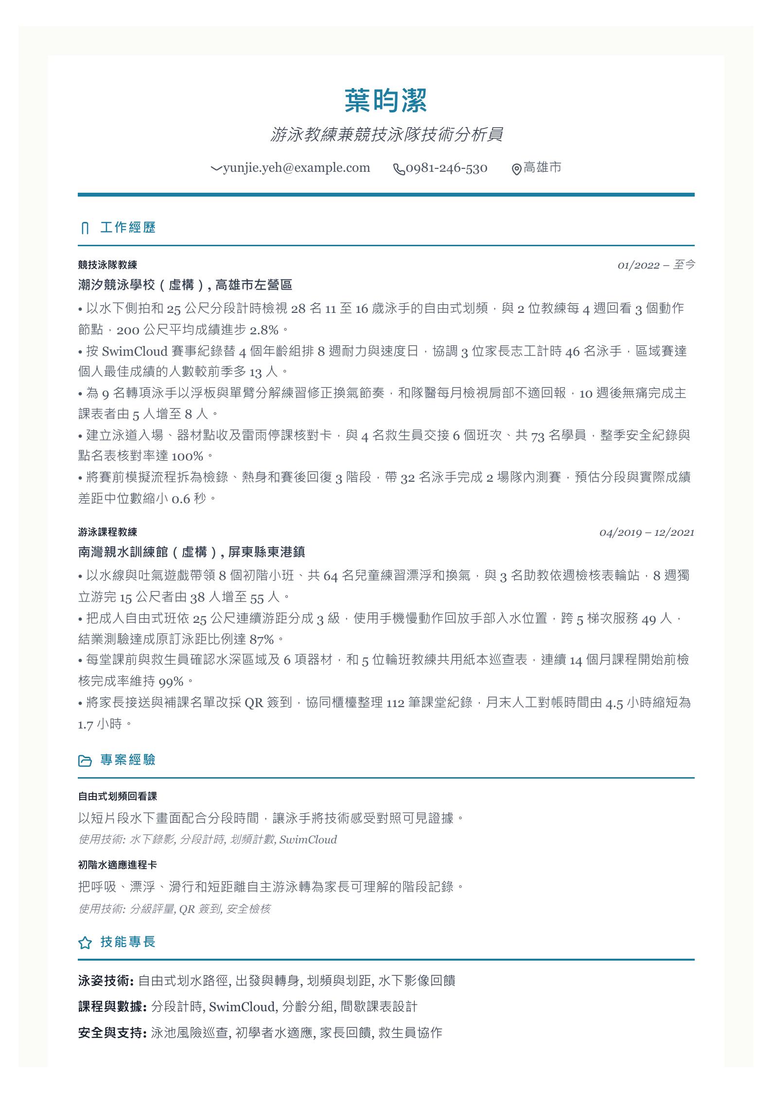 游泳教練履歷範文 第一頁履歷預覽