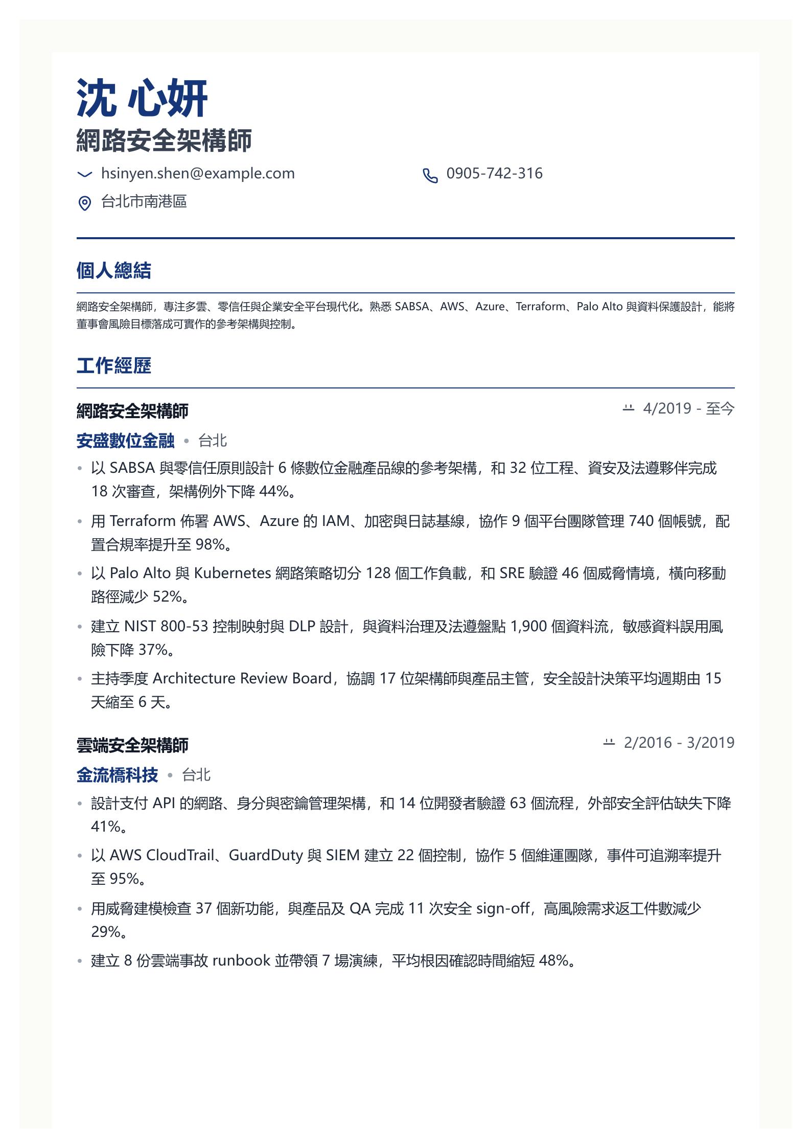 網路安全架構師簡歷 預覽