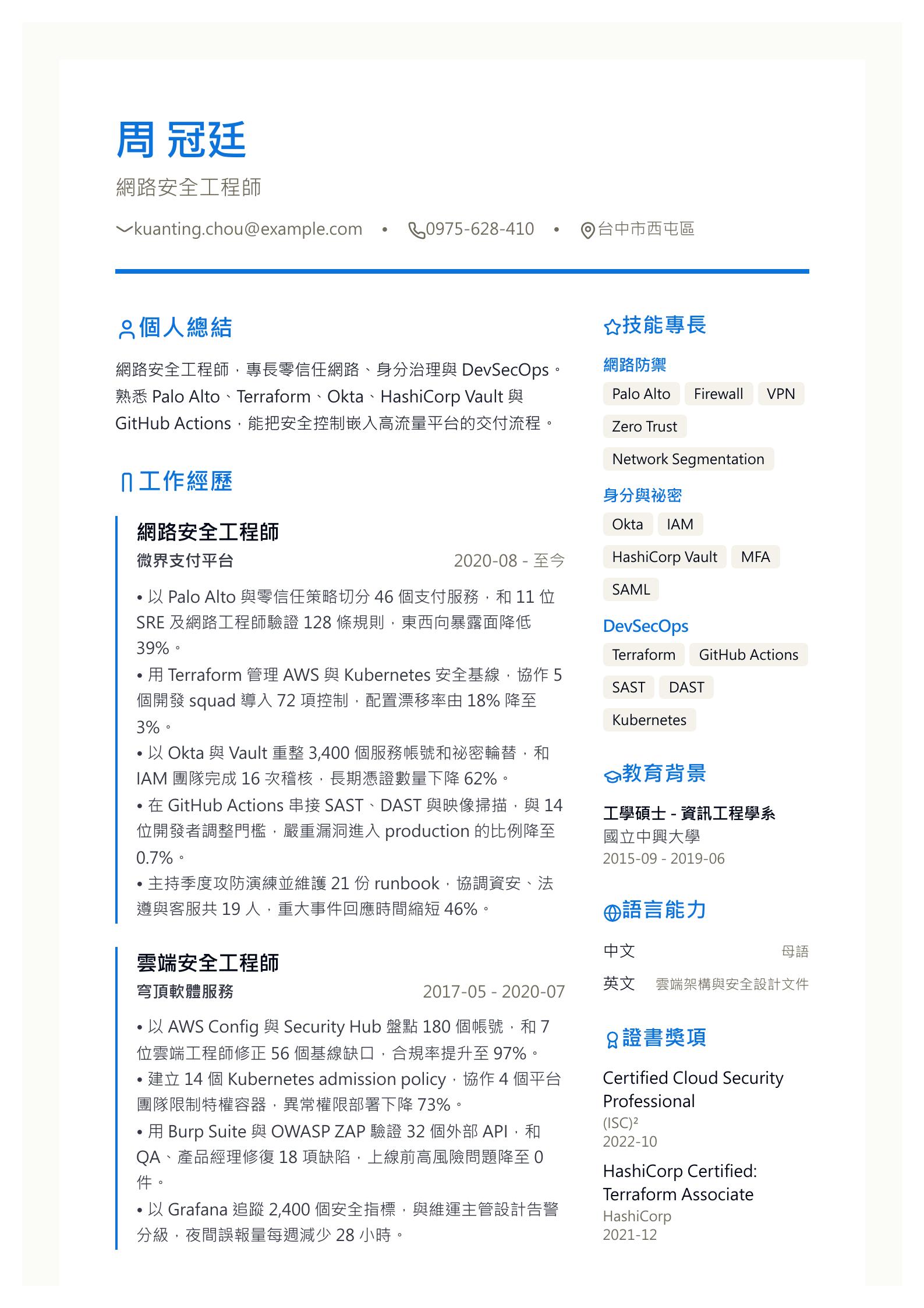 網路安全工程師履歷 預覽